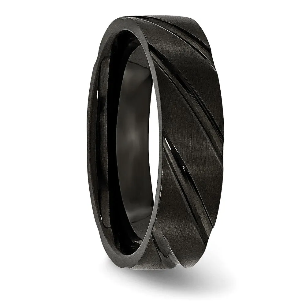 6mm Black Plated Titanium Brushed Grooved Standard Fit Band