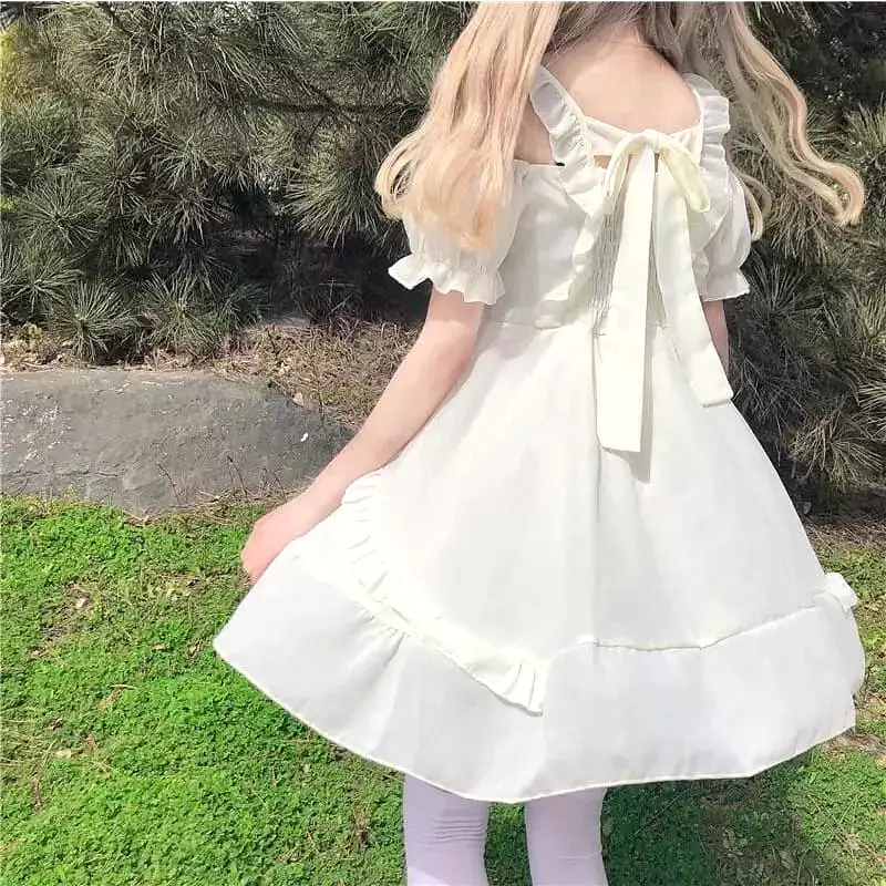 Almond Lilly Kawaii Princess Lolita Off-Shoulder Spring Bow Mini Dress