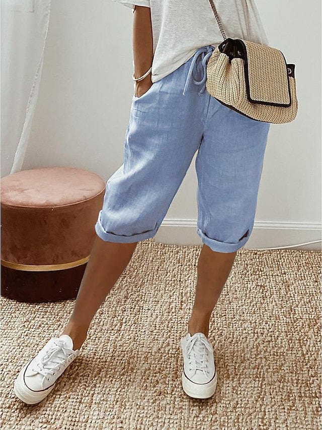 Baggy Knee Length Linen Pants for Women in Robin's Egg Blue and White