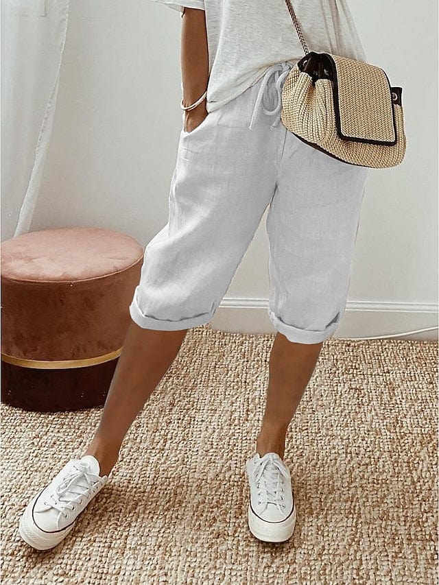 Baggy Knee Length Linen Pants for Women in Robin's Egg Blue and White