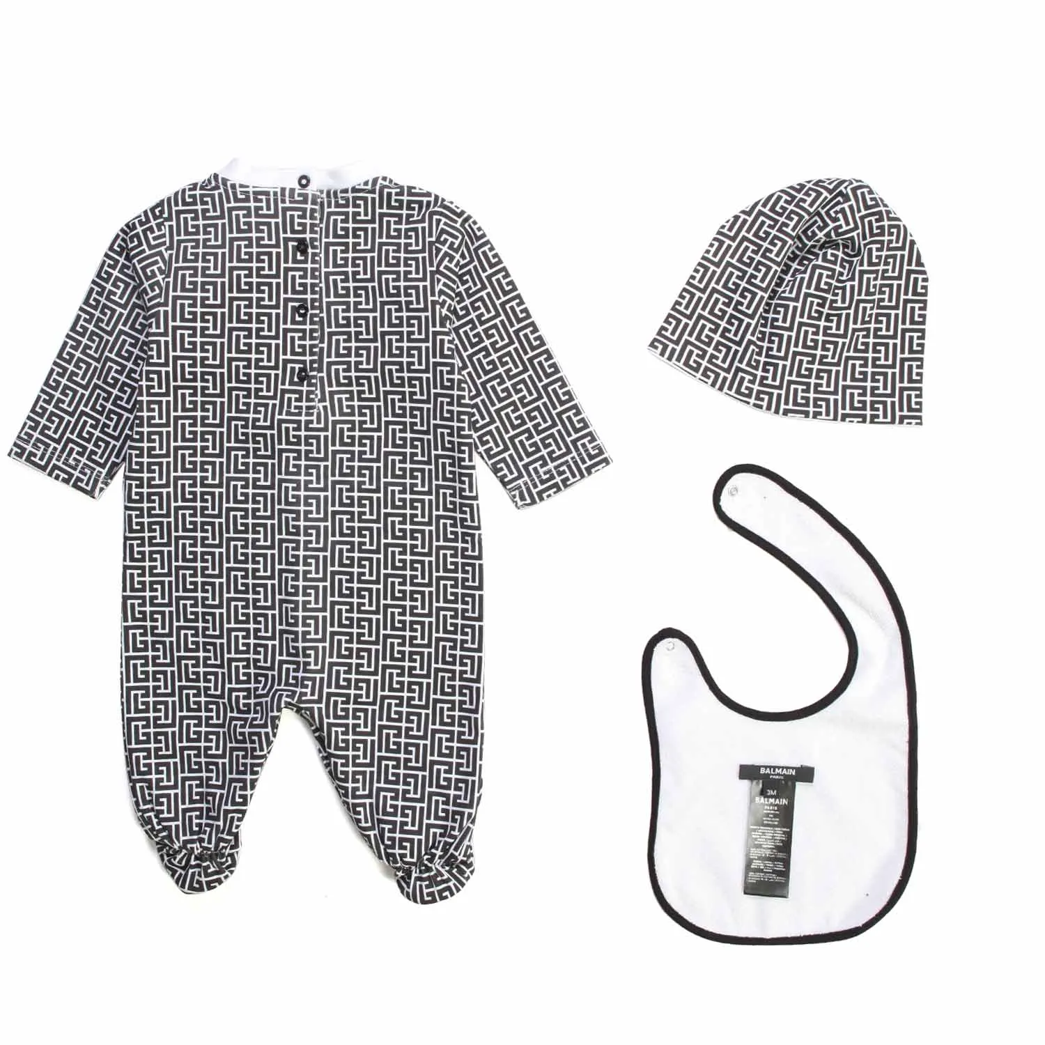 Balmain Unisex Black And White Jacquard Romper Set For Baby