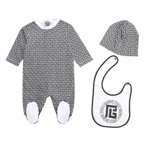 Balmain Unisex Black And White Jacquard Romper Set For Baby