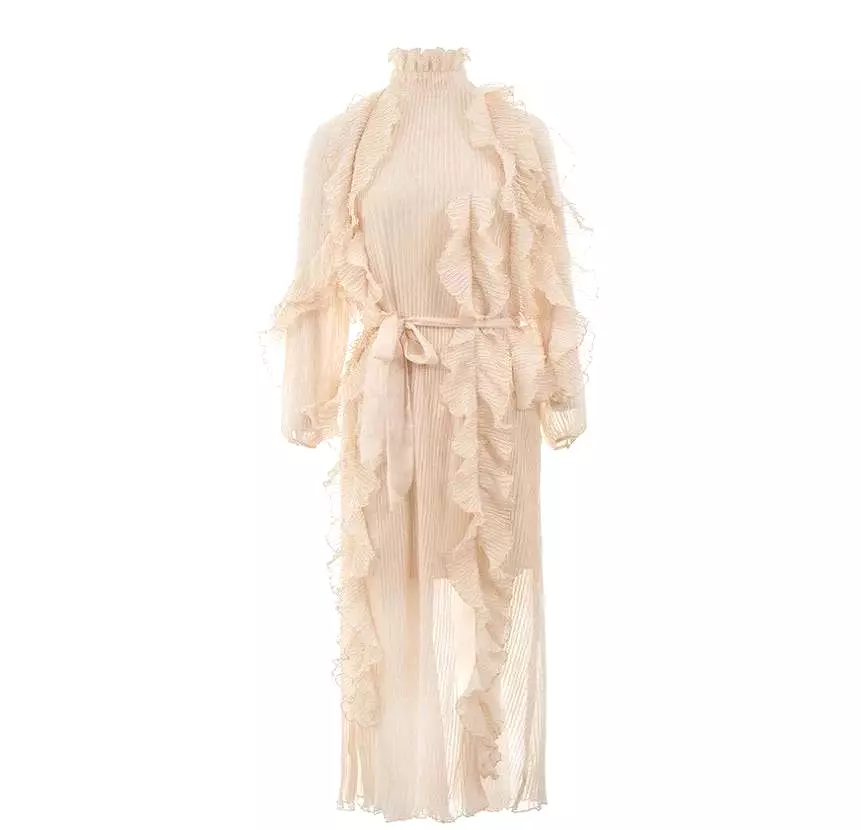 Beige High Neck Ruffle Pleated Maxi Dress