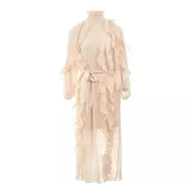 Beige High Neck Ruffle Pleated Maxi Dress