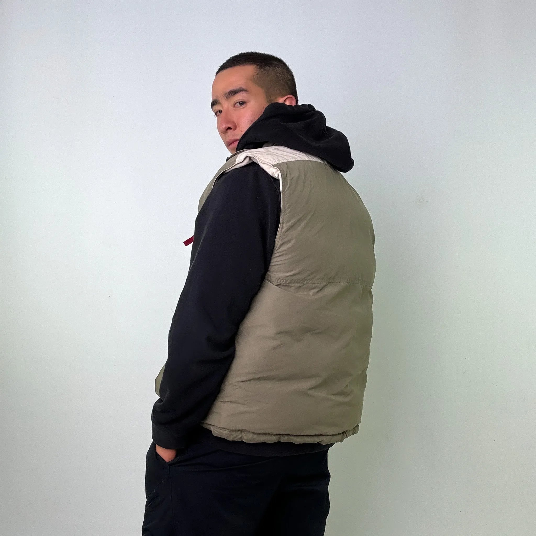 Beige Tan 90s Reebok / Green Reversible Puffer Jacket Coat Gilet (L)