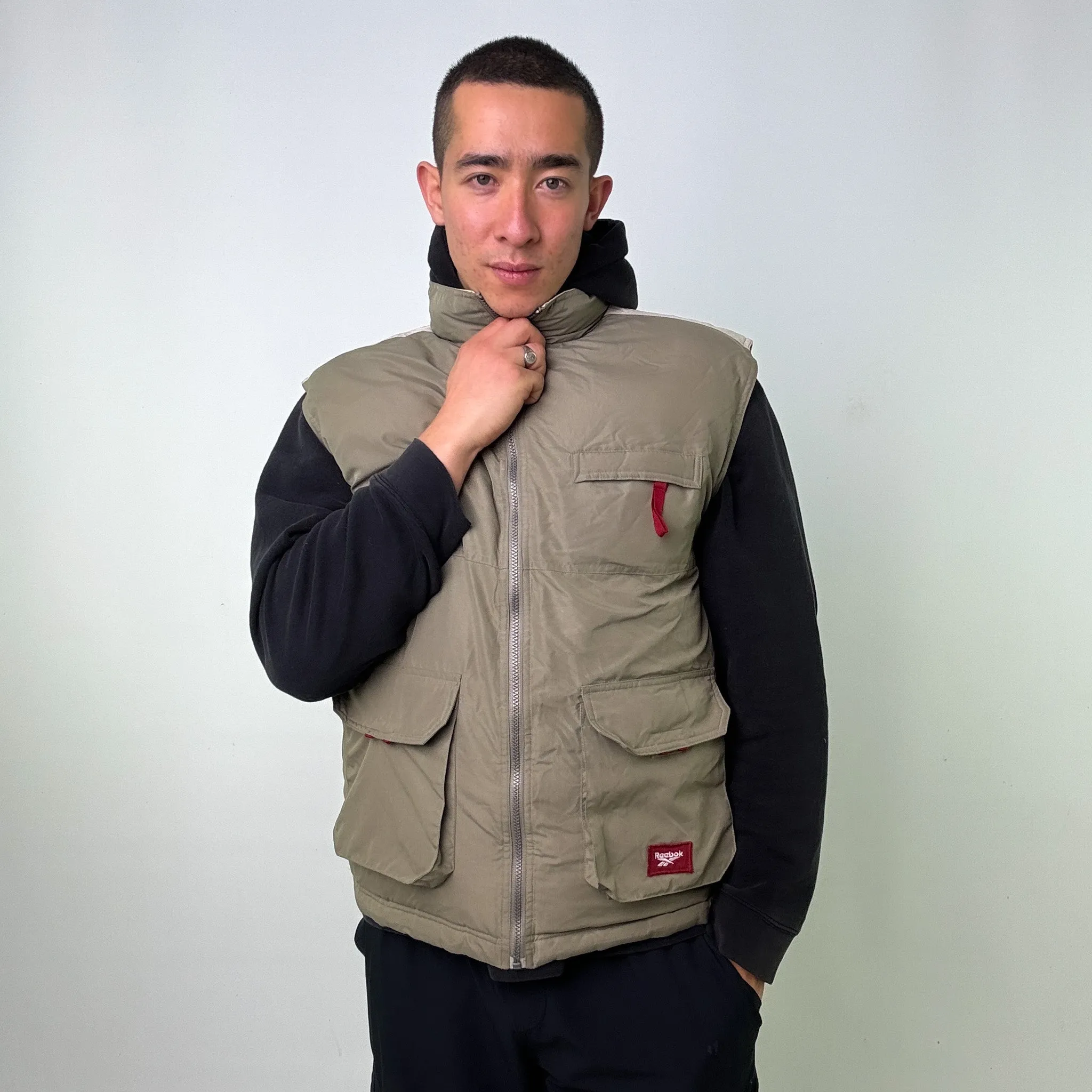 Beige Tan 90s Reebok / Green Reversible Puffer Jacket Coat Gilet (L)