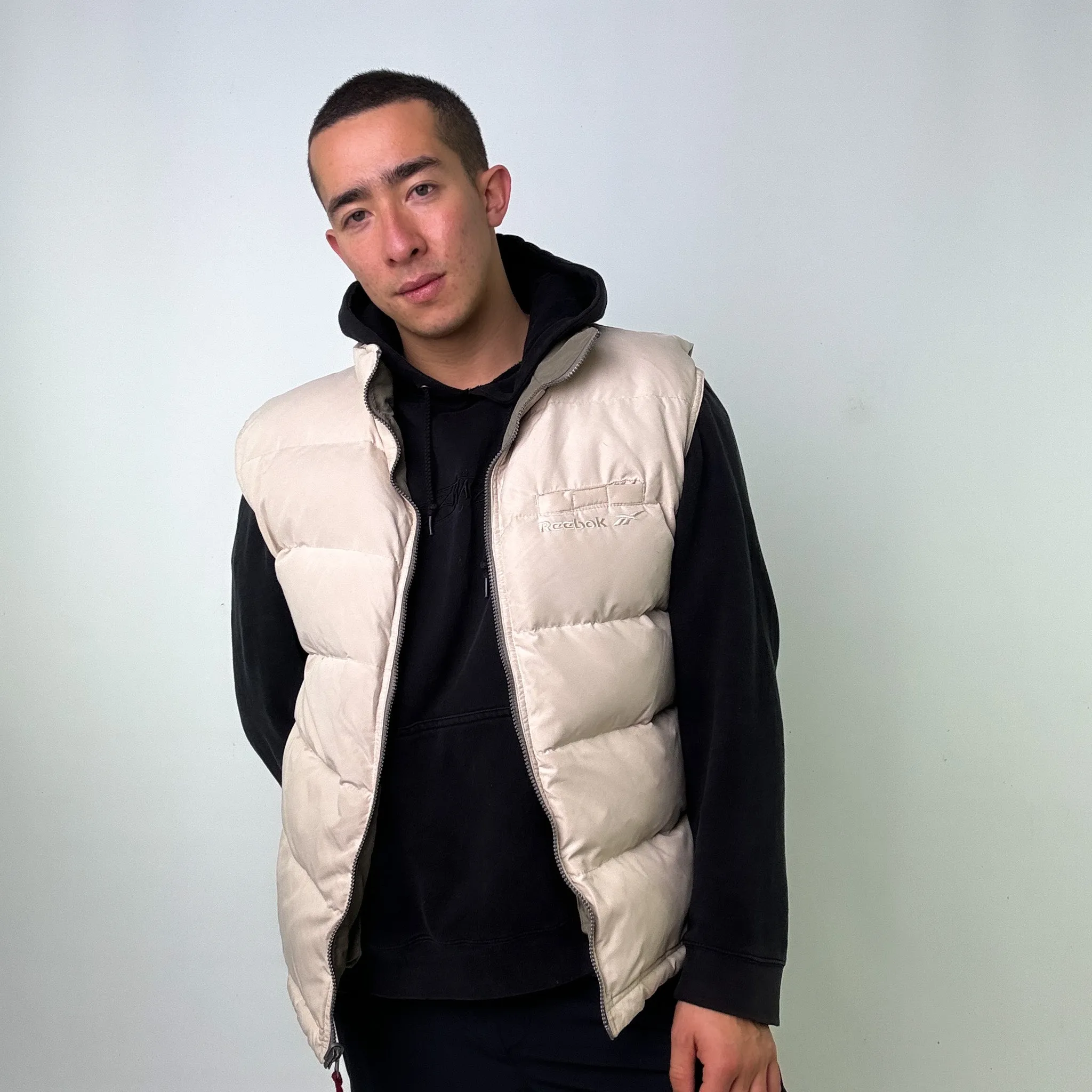 Beige Tan 90s Reebok / Green Reversible Puffer Jacket Coat Gilet (L)