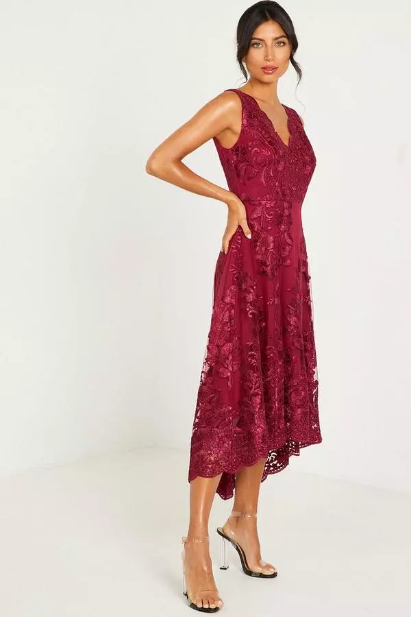 Berry Embroidered Dip Hem Dress