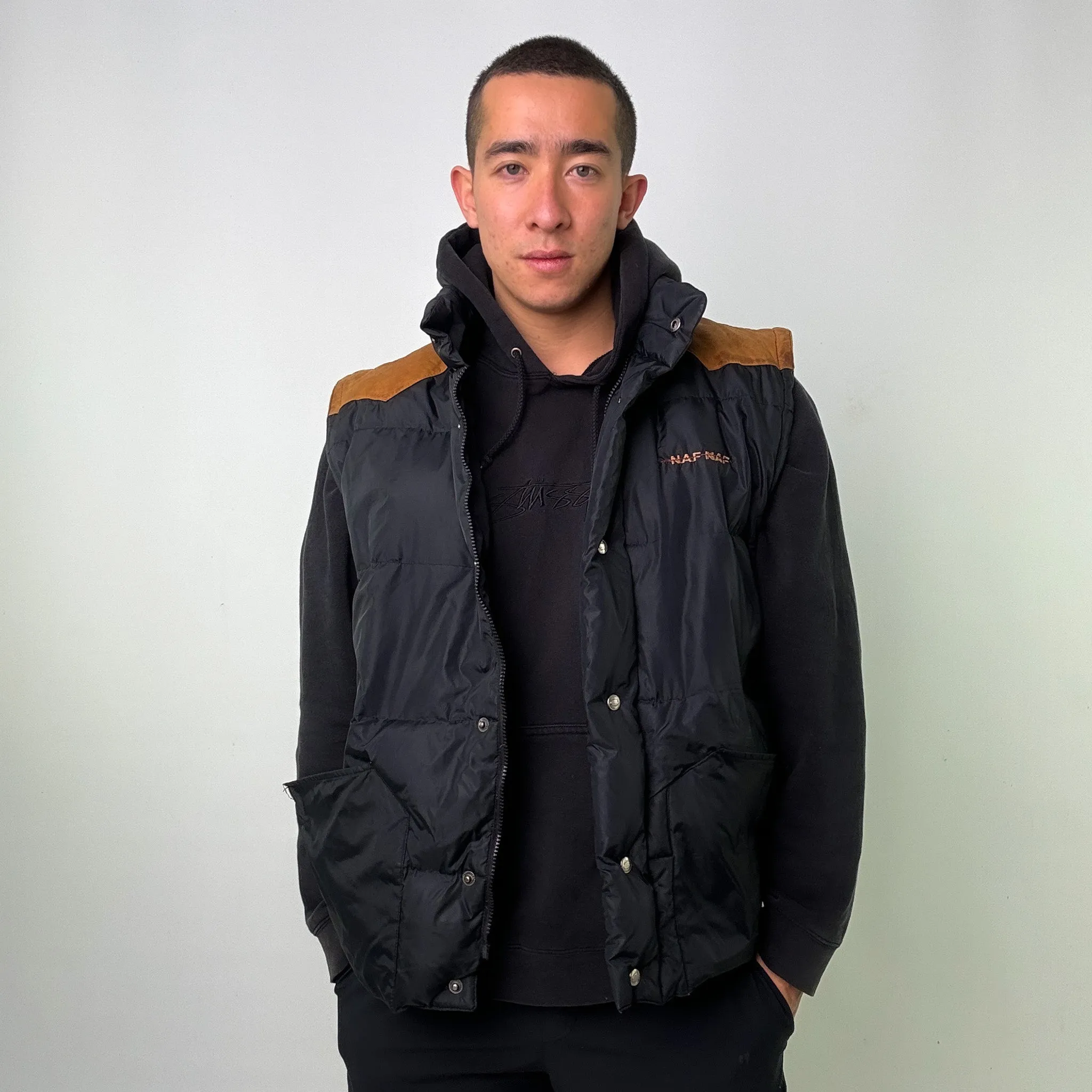 Black 90s Naf Naf Puffer Jacket Coat Gilet (L)