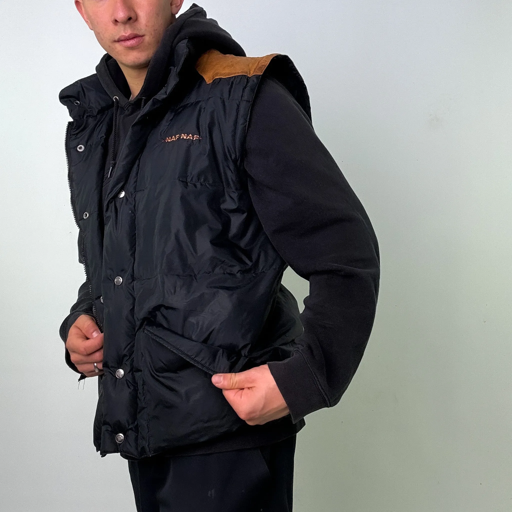 Black 90s Naf Naf Puffer Jacket Coat Gilet (L)