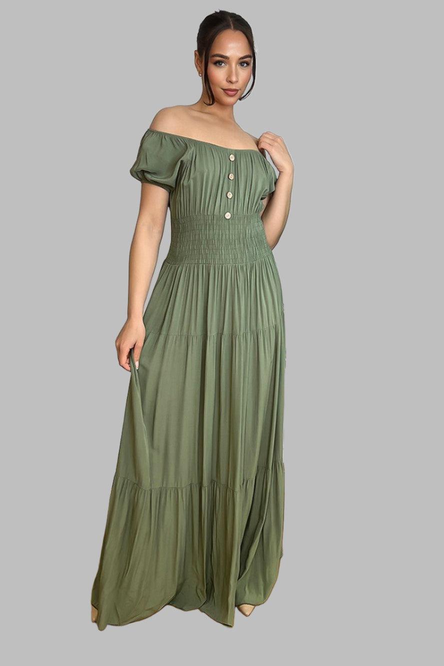 Button Details Shirrred Waist Milkmaid Maxi Dress