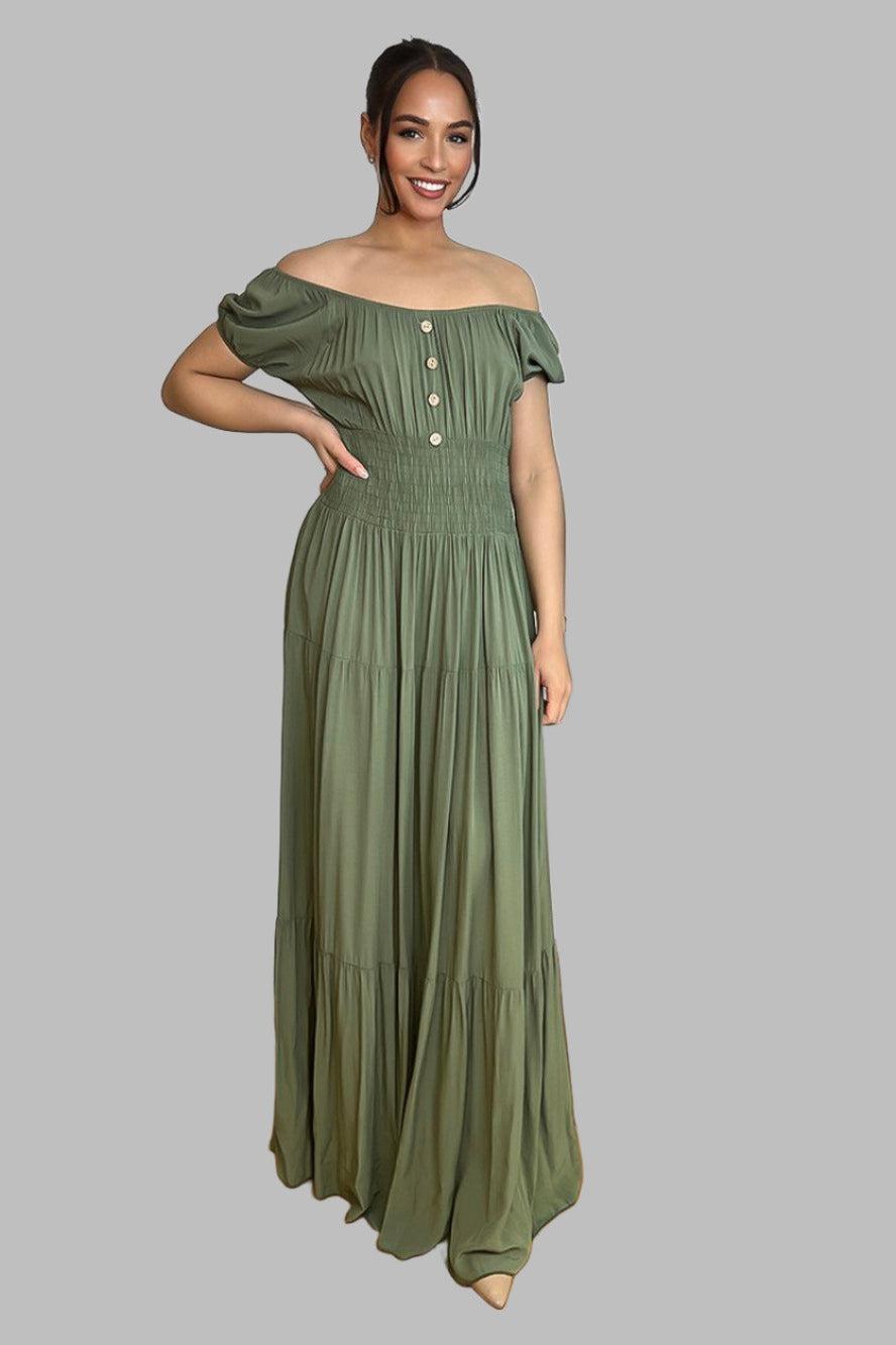 Button Details Shirrred Waist Milkmaid Maxi Dress