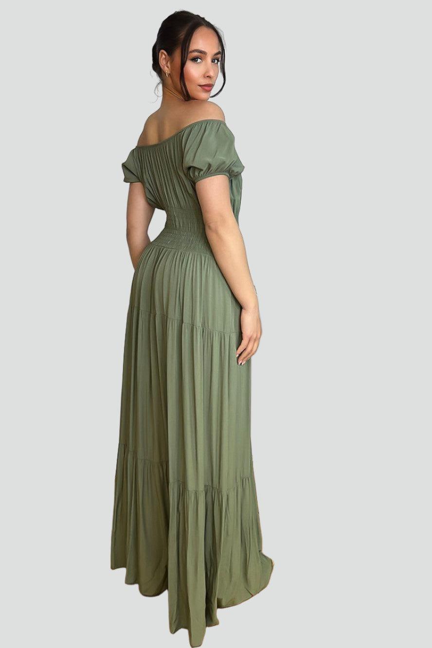 Button Details Shirrred Waist Milkmaid Maxi Dress