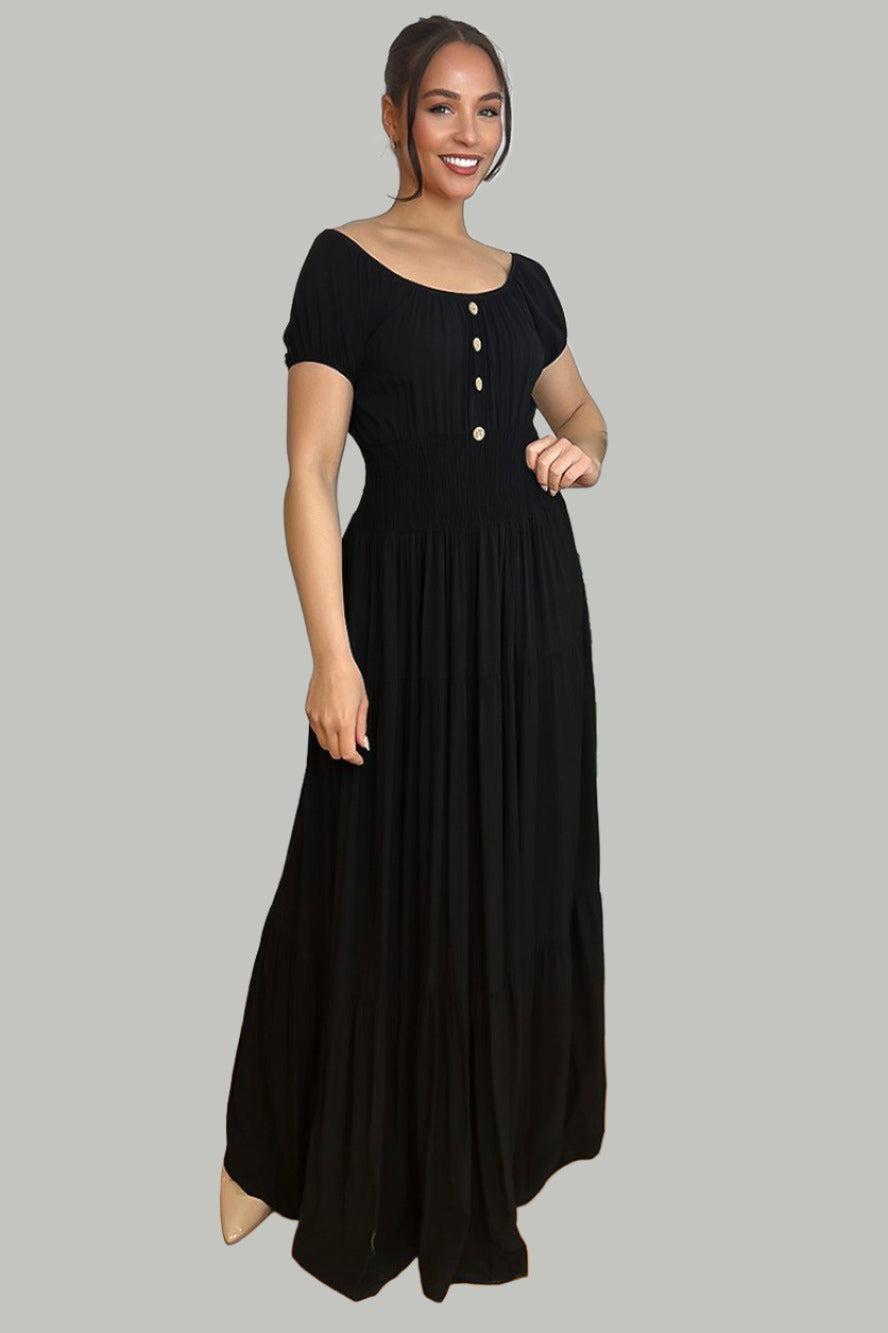 Button Details Shirrred Waist Milkmaid Maxi Dress