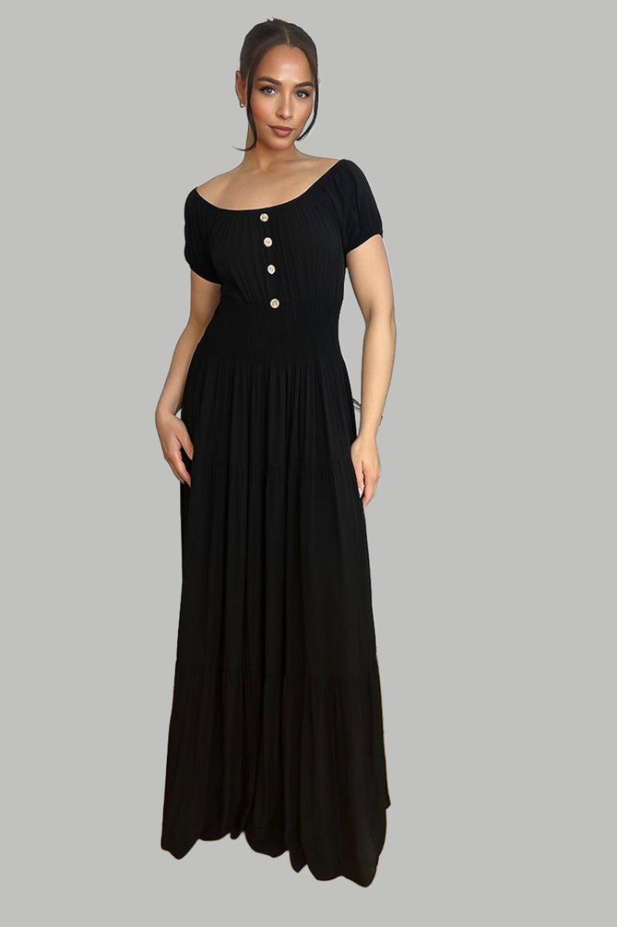 Button Details Shirrred Waist Milkmaid Maxi Dress