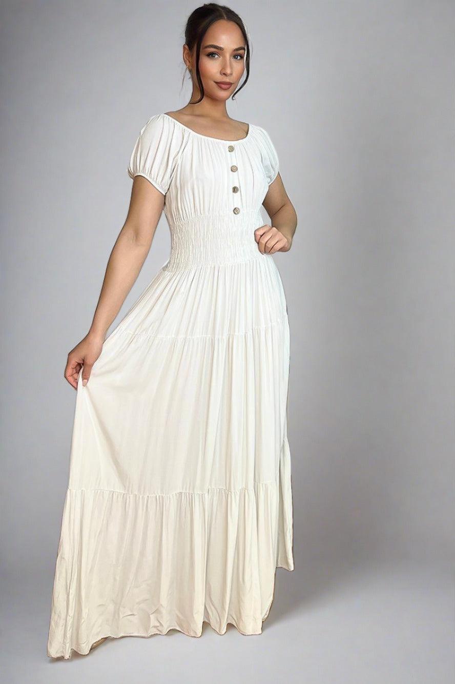 Button Details Shirrred Waist Milkmaid Maxi Dress