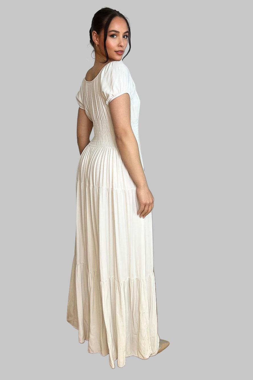 Button Details Shirrred Waist Milkmaid Maxi Dress