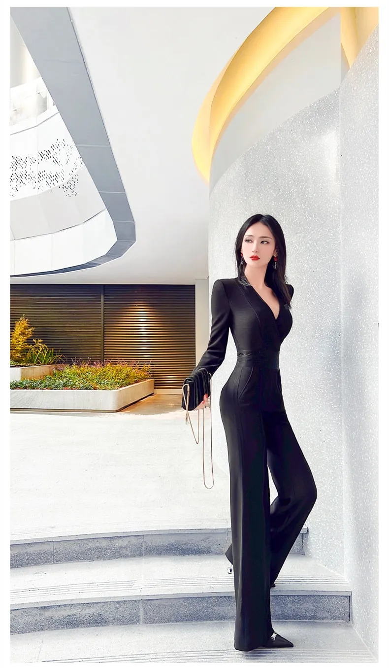 Casual Women's Autumn Solid Pattern High Waist Flare Pants Jumpsuits