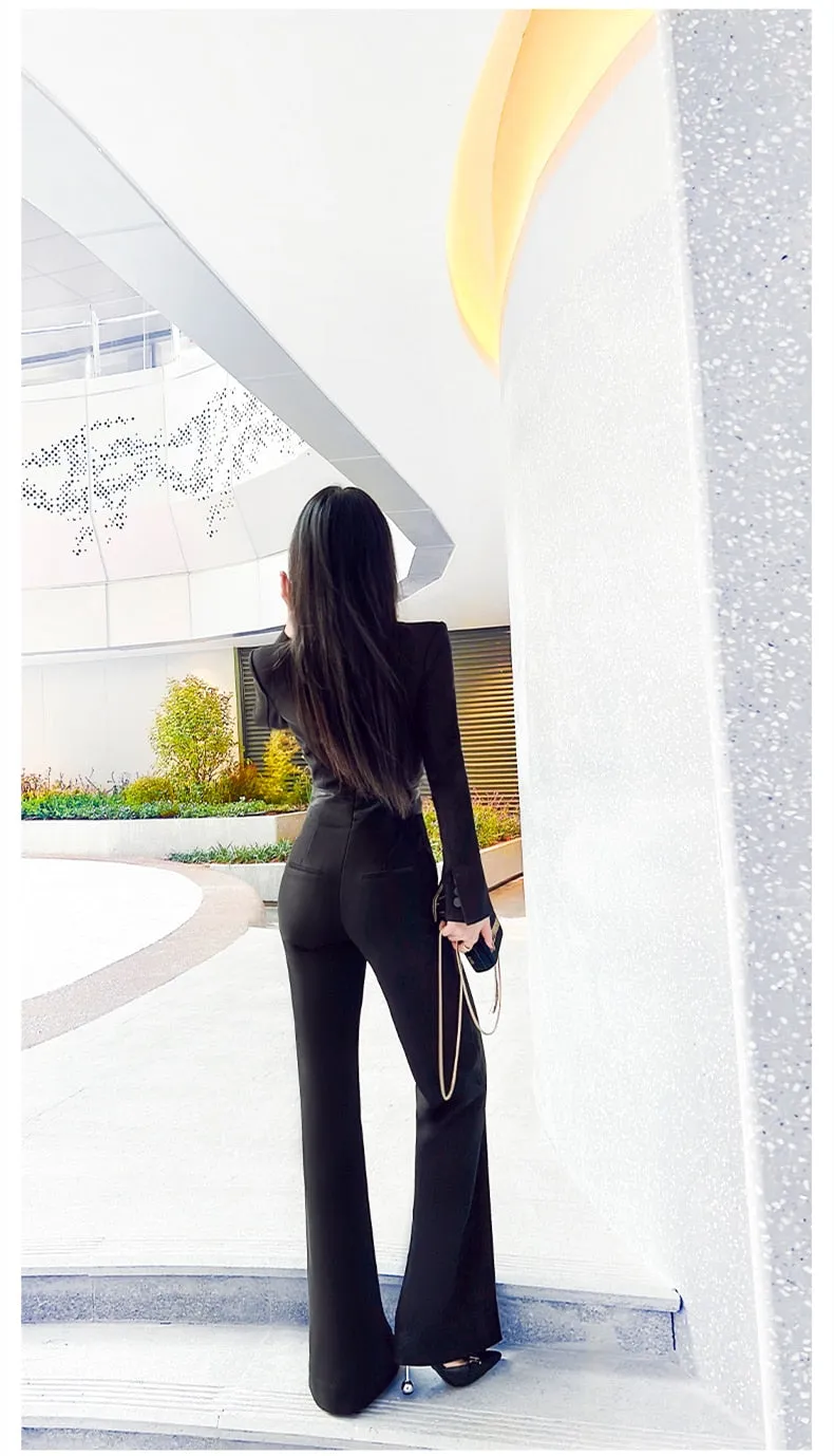 Casual Women's Autumn Solid Pattern High Waist Flare Pants Jumpsuits