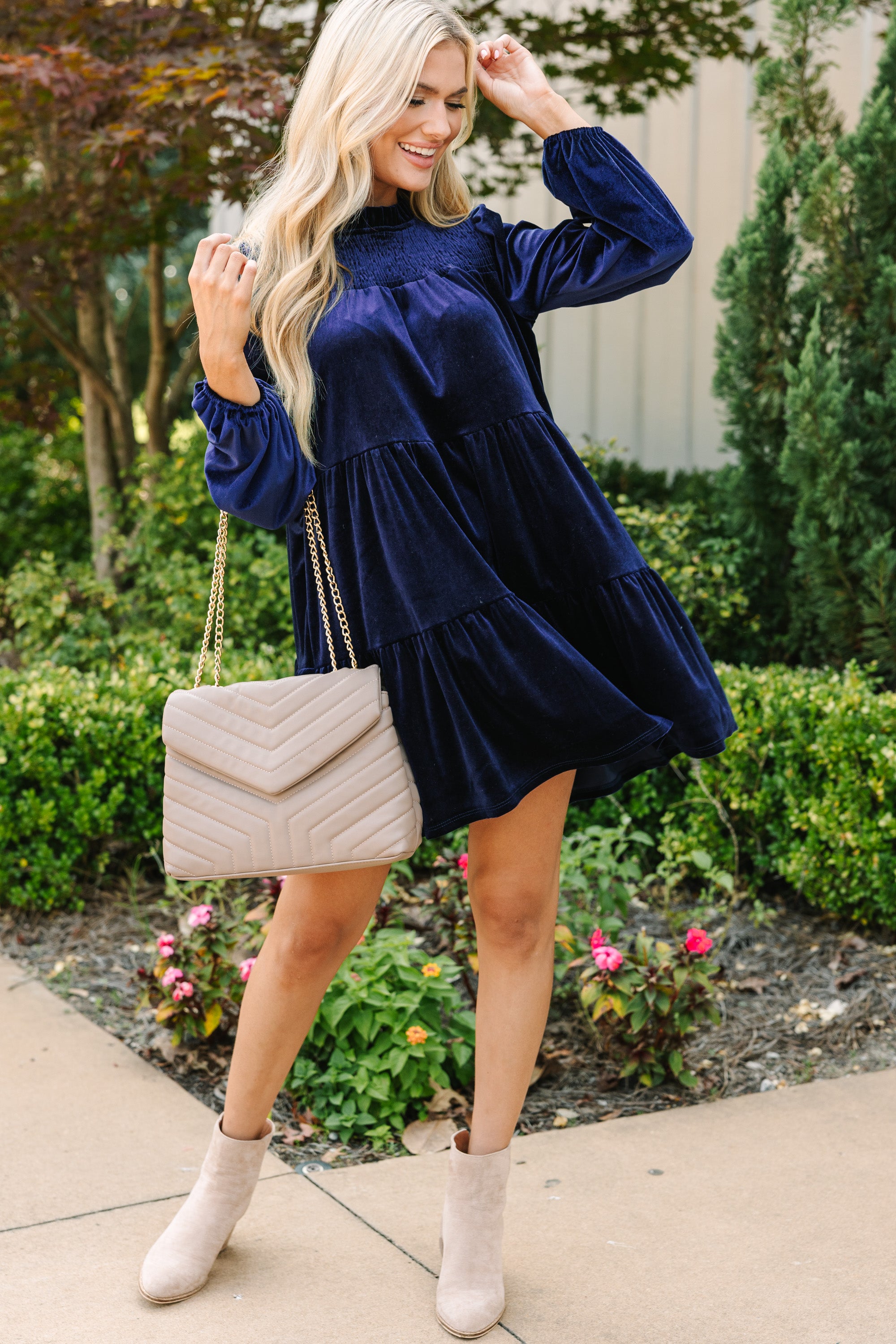 Come On Over Navy Blue Velvet Babydoll Dress