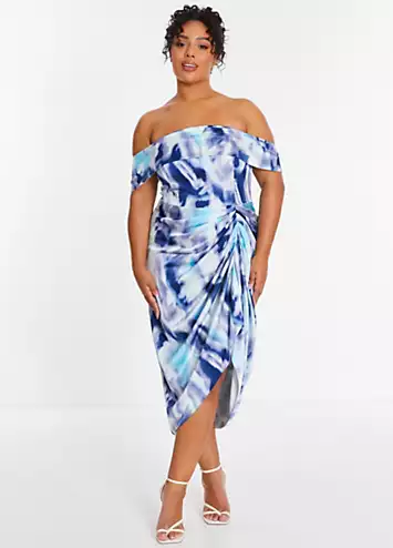 Curve Light Blue Marble Satin Bardot Ruched Midi Dress by Quiz | Look Again