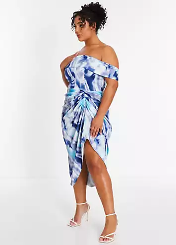 Curve Light Blue Marble Satin Bardot Ruched Midi Dress by Quiz | Look Again