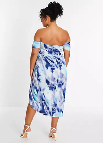 Curve Light Blue Marble Satin Bardot Ruched Midi Dress by Quiz | Look Again