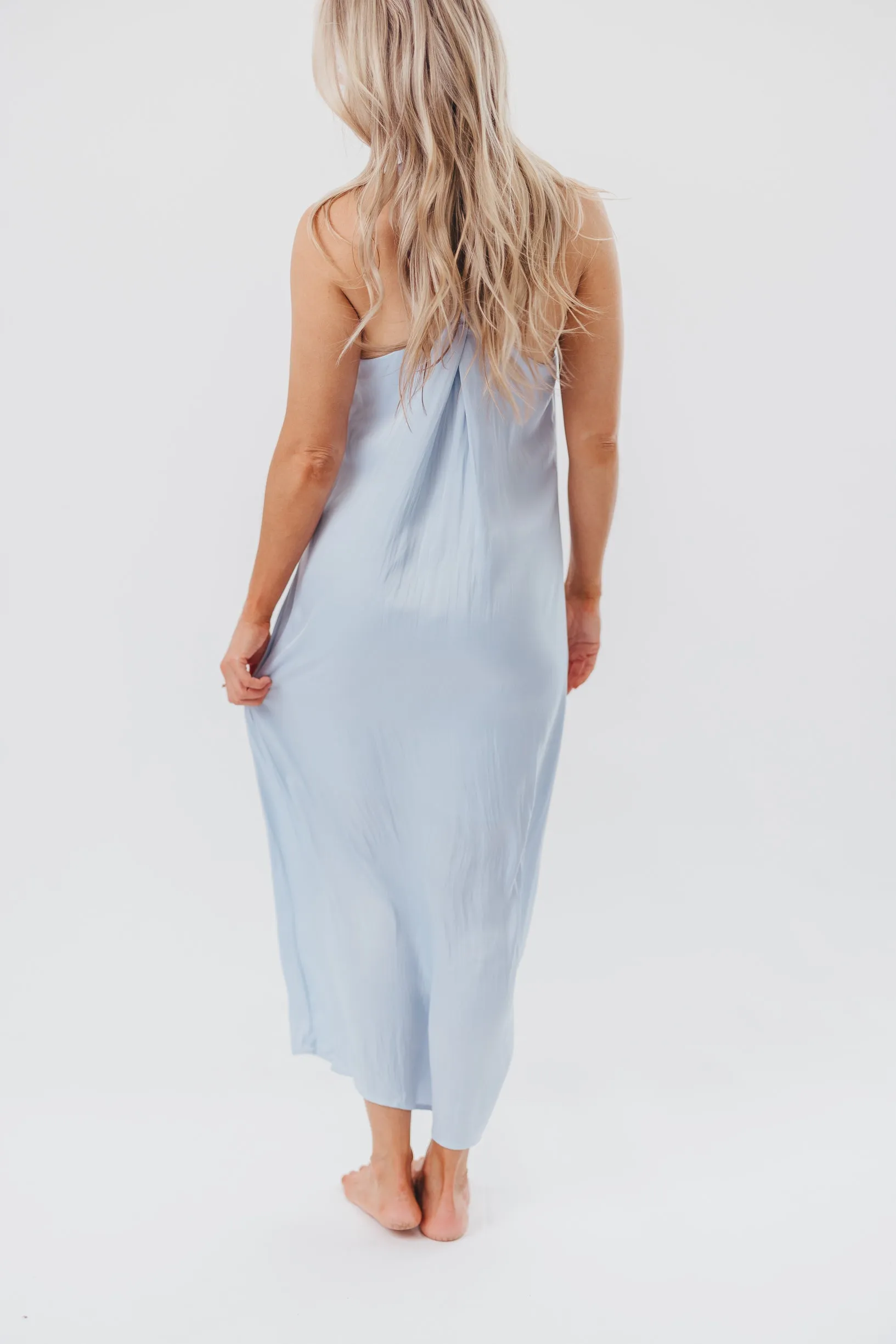 Davina Satin Maxi Dress with Back Twist Detail in Light Blue