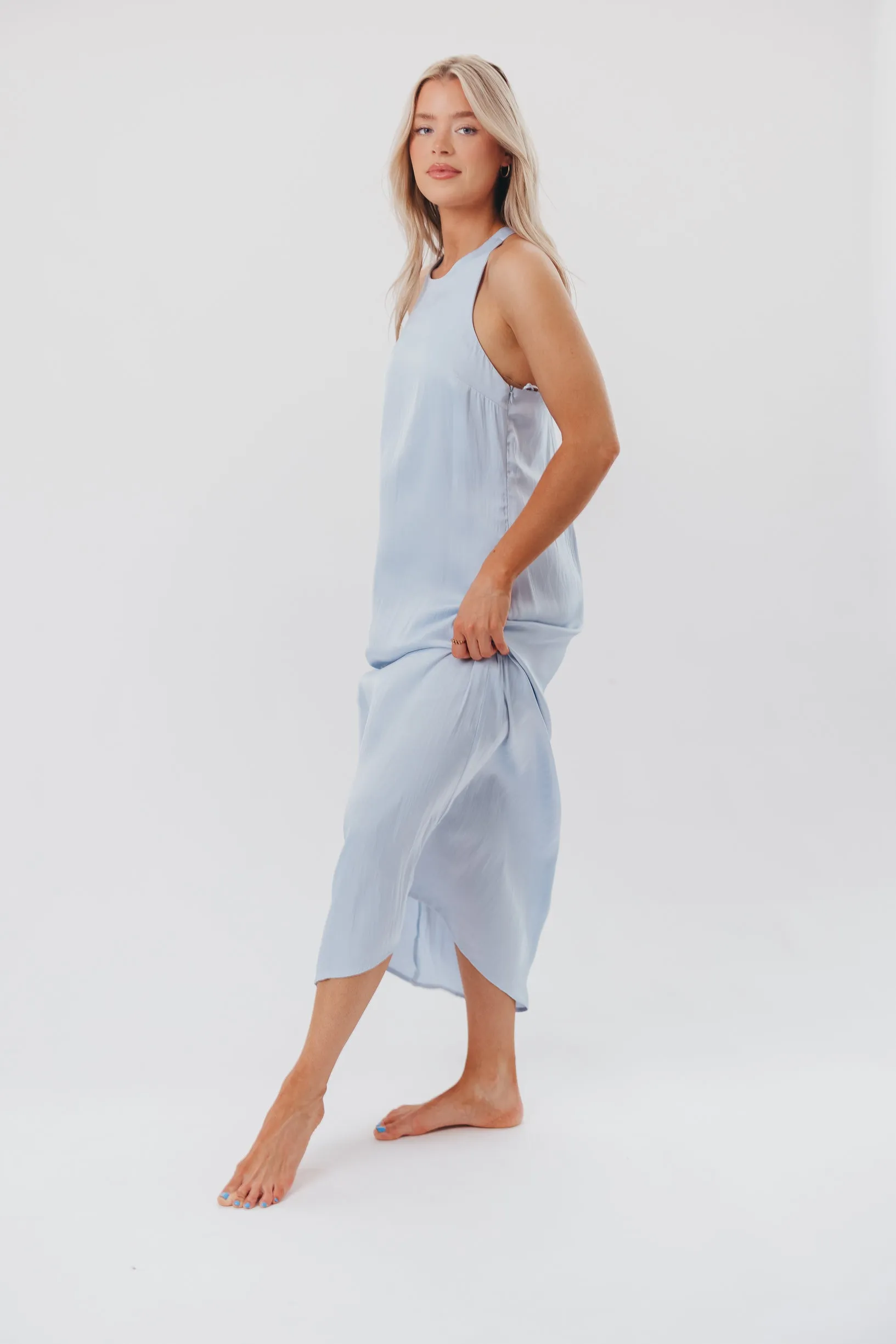 Davina Satin Maxi Dress with Back Twist Detail in Light Blue