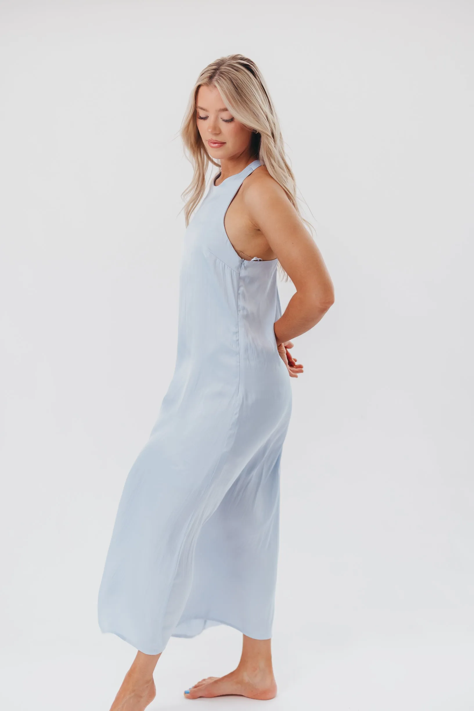 Davina Satin Maxi Dress with Back Twist Detail in Light Blue