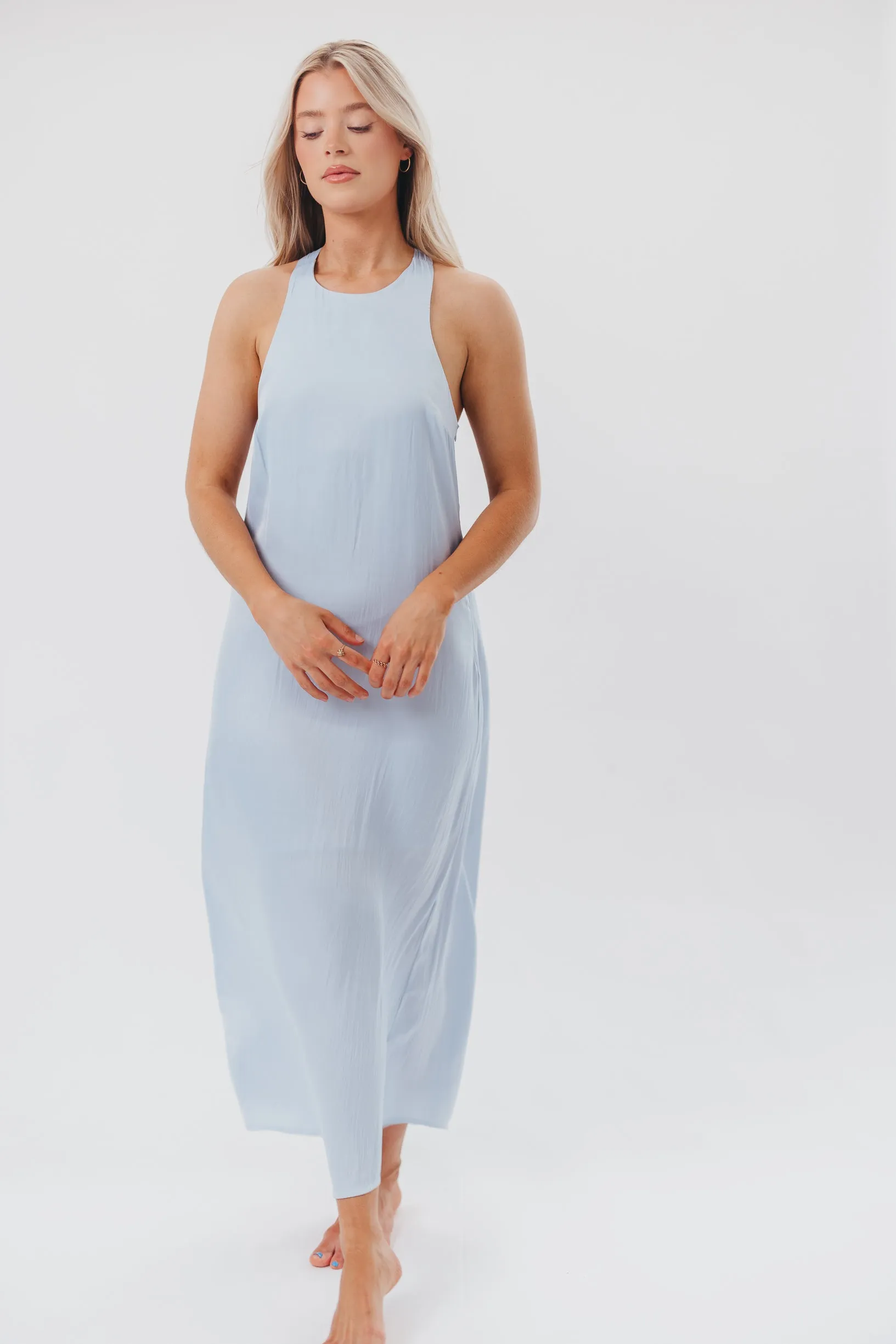 Davina Satin Maxi Dress with Back Twist Detail in Light Blue