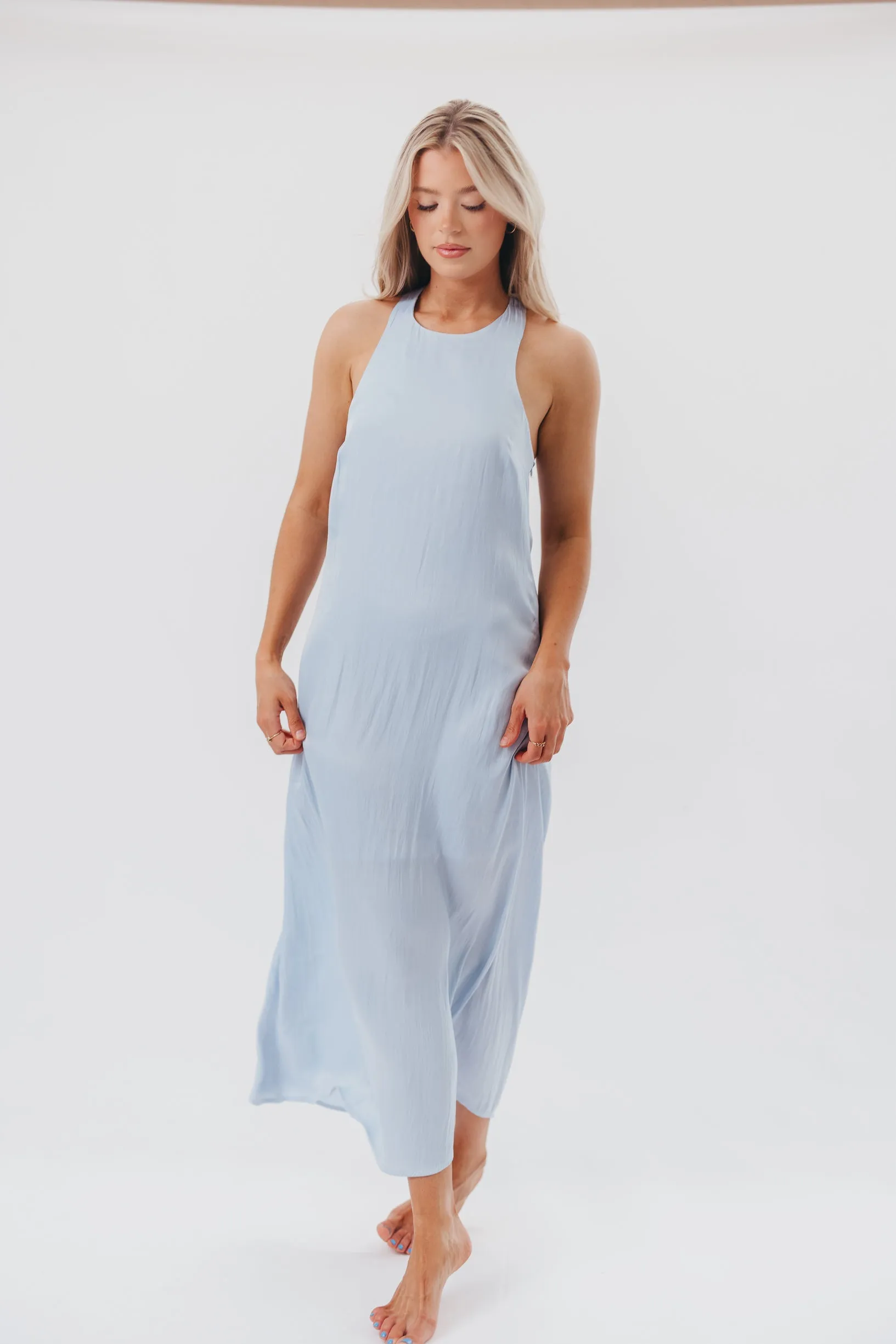 Davina Satin Maxi Dress with Back Twist Detail in Light Blue