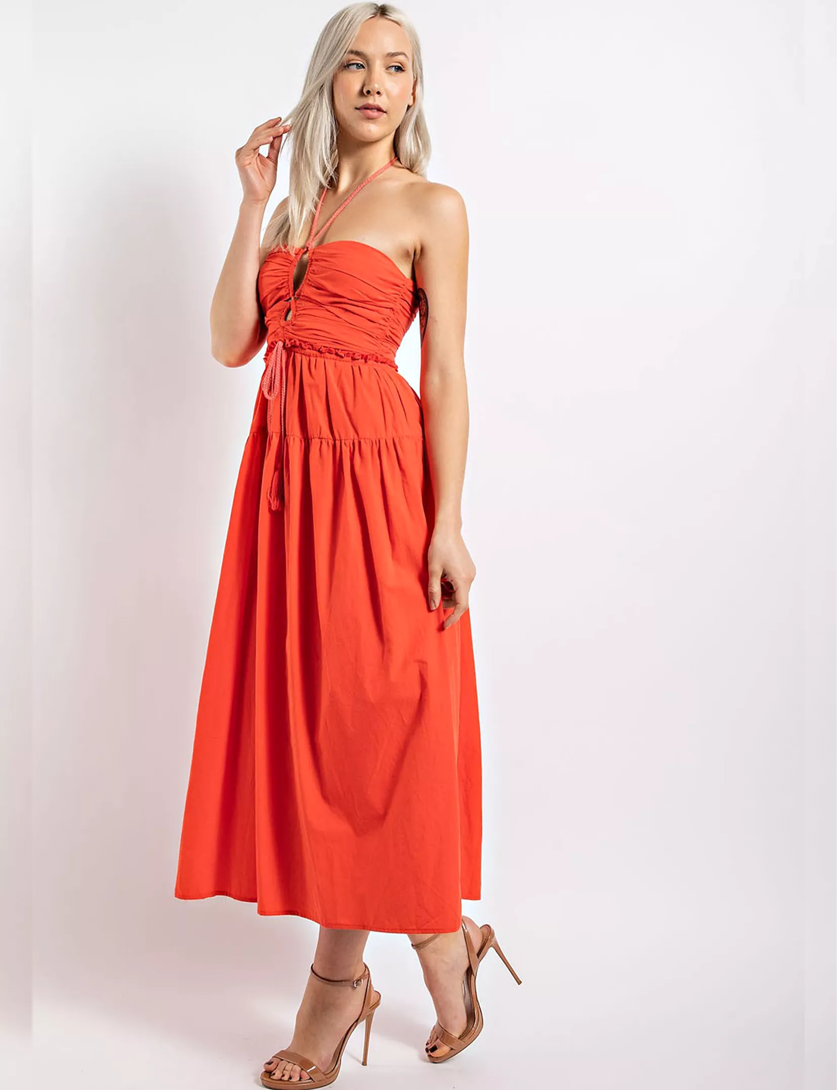 Double Keyhole Midi Dress, Coral