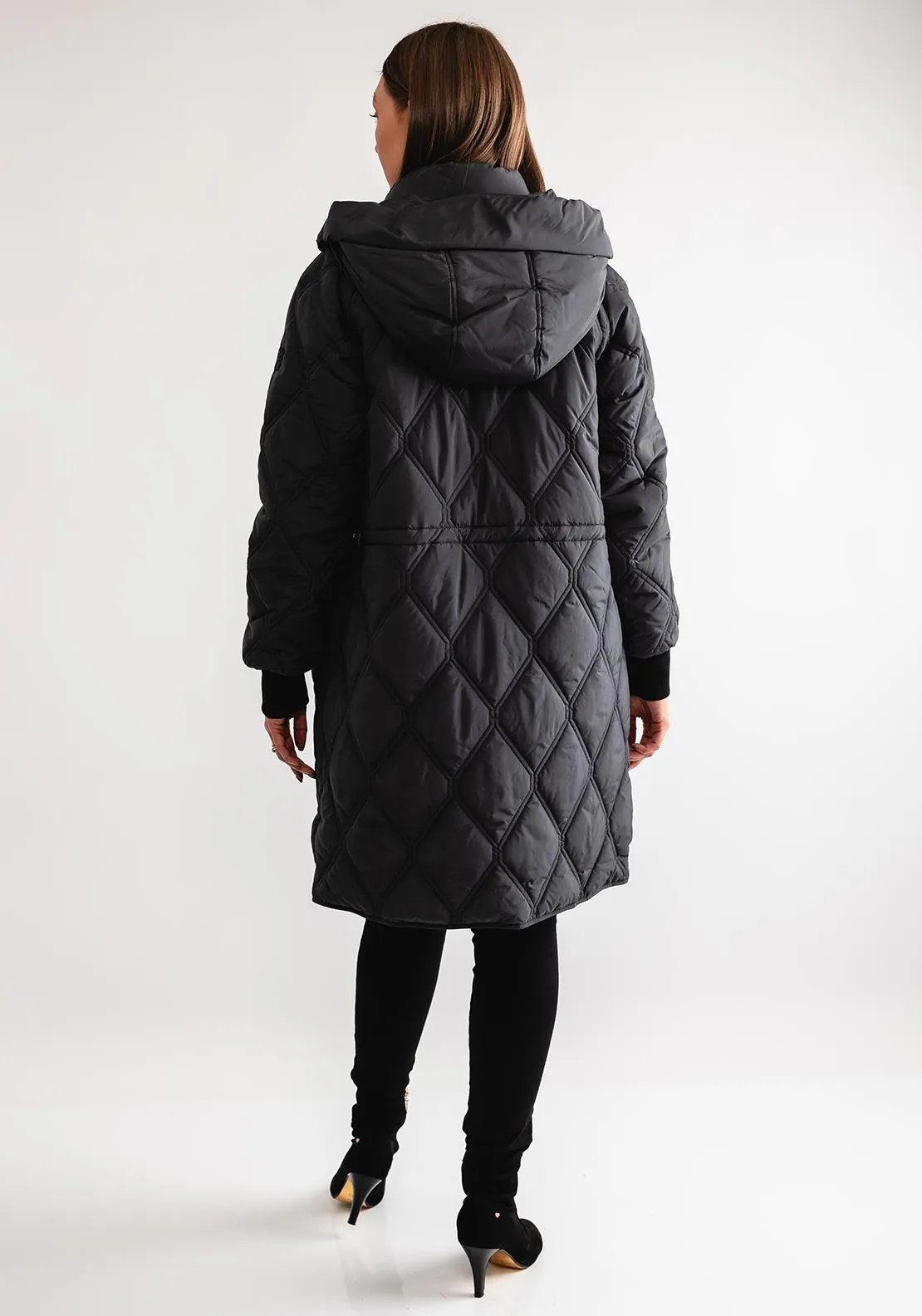 Etage Quilted Hooded Coat Black, Charcoal Grey