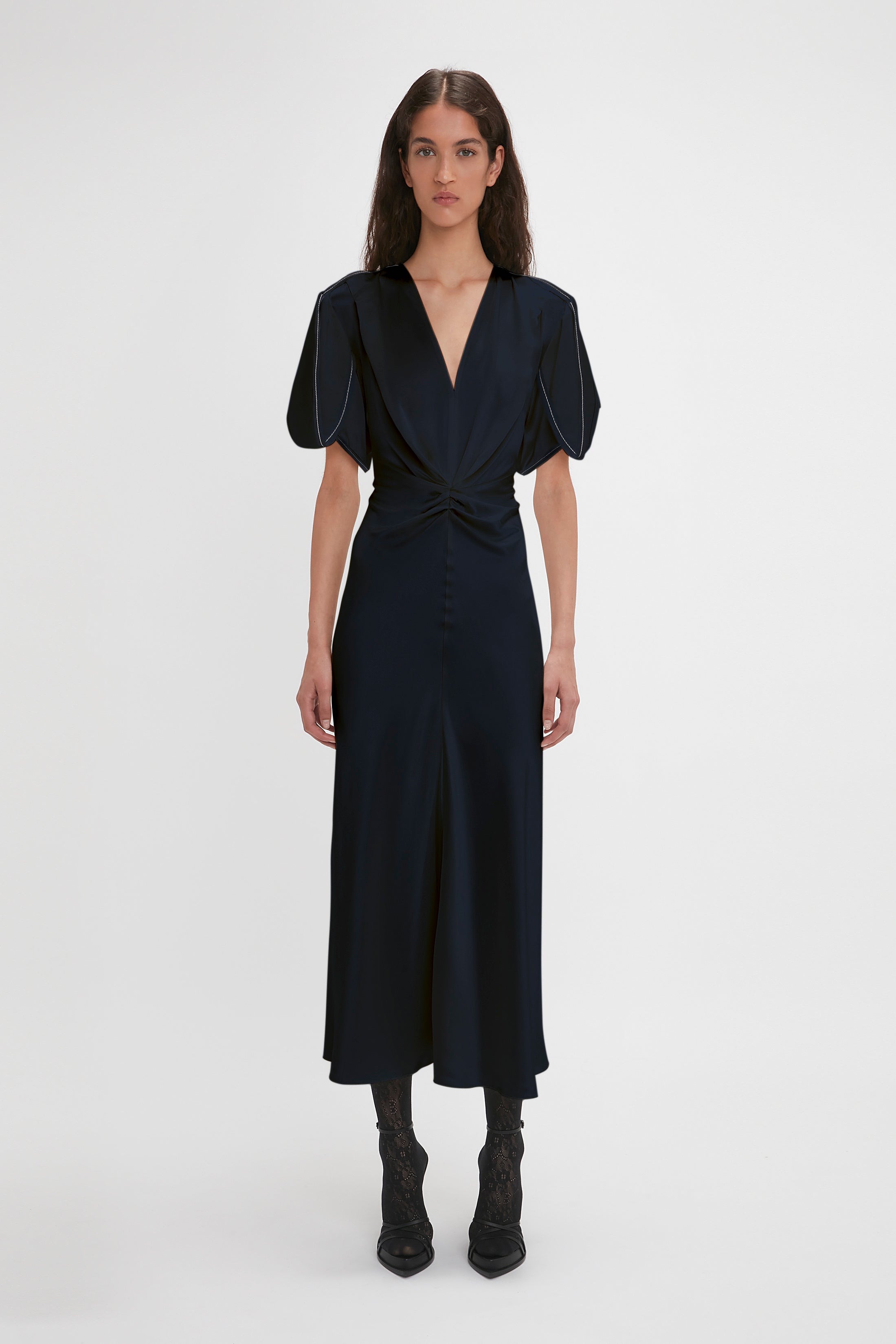 Exclusive Gathered V-Neck Midi Dress In Navy