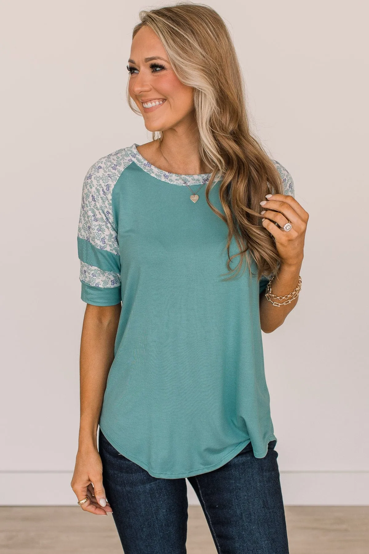 Feeling Spontaneous Floral Sleeve Top- Dark Mint