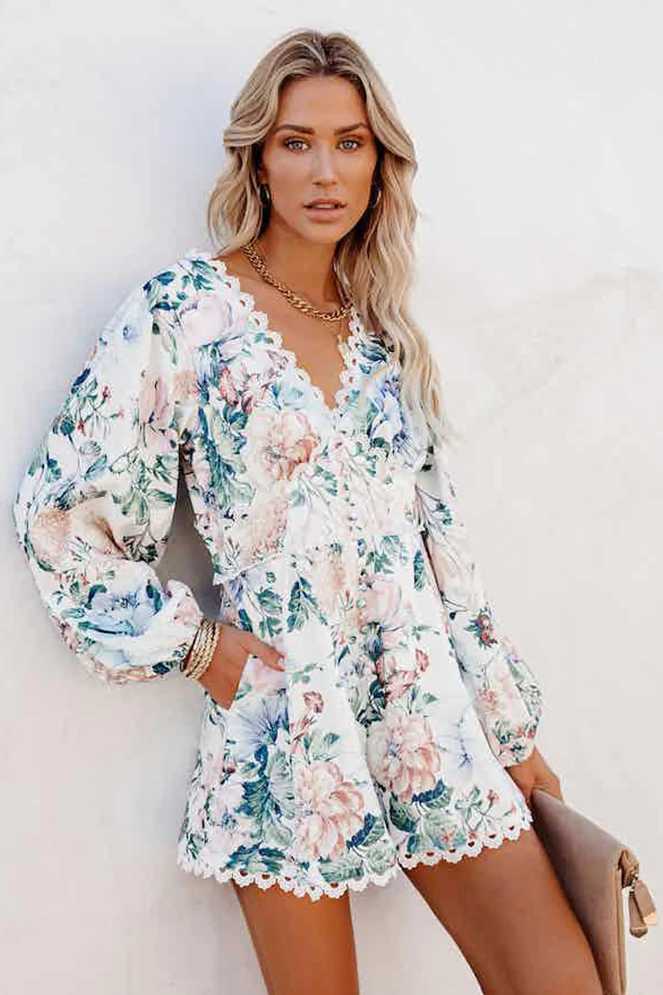 Floral Pocketed Crochet Rompers