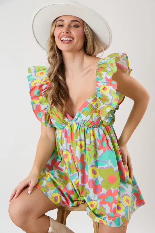 Floral Ruffle Sleeve Romper