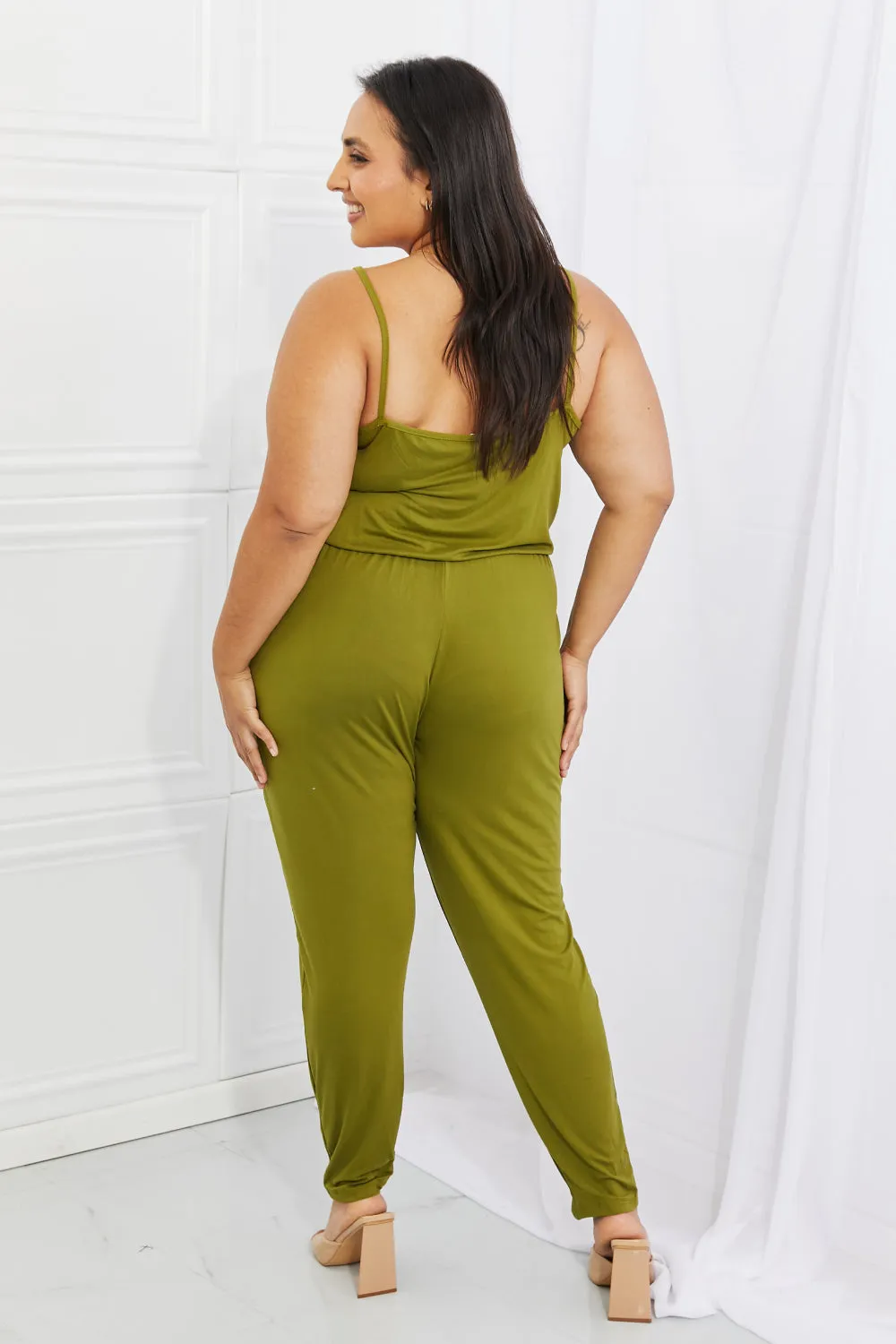 Full Size Solid Elastic Waistband Jumpsuit in Chartreuse