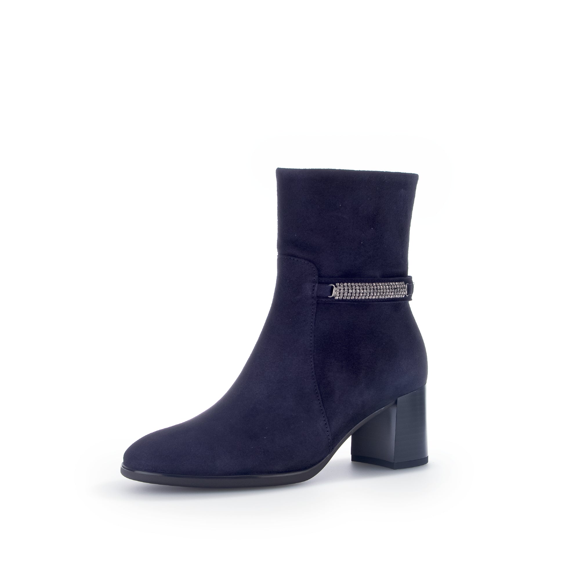 GABOR Navy Suede Block Heel Boot with Diamante Strip