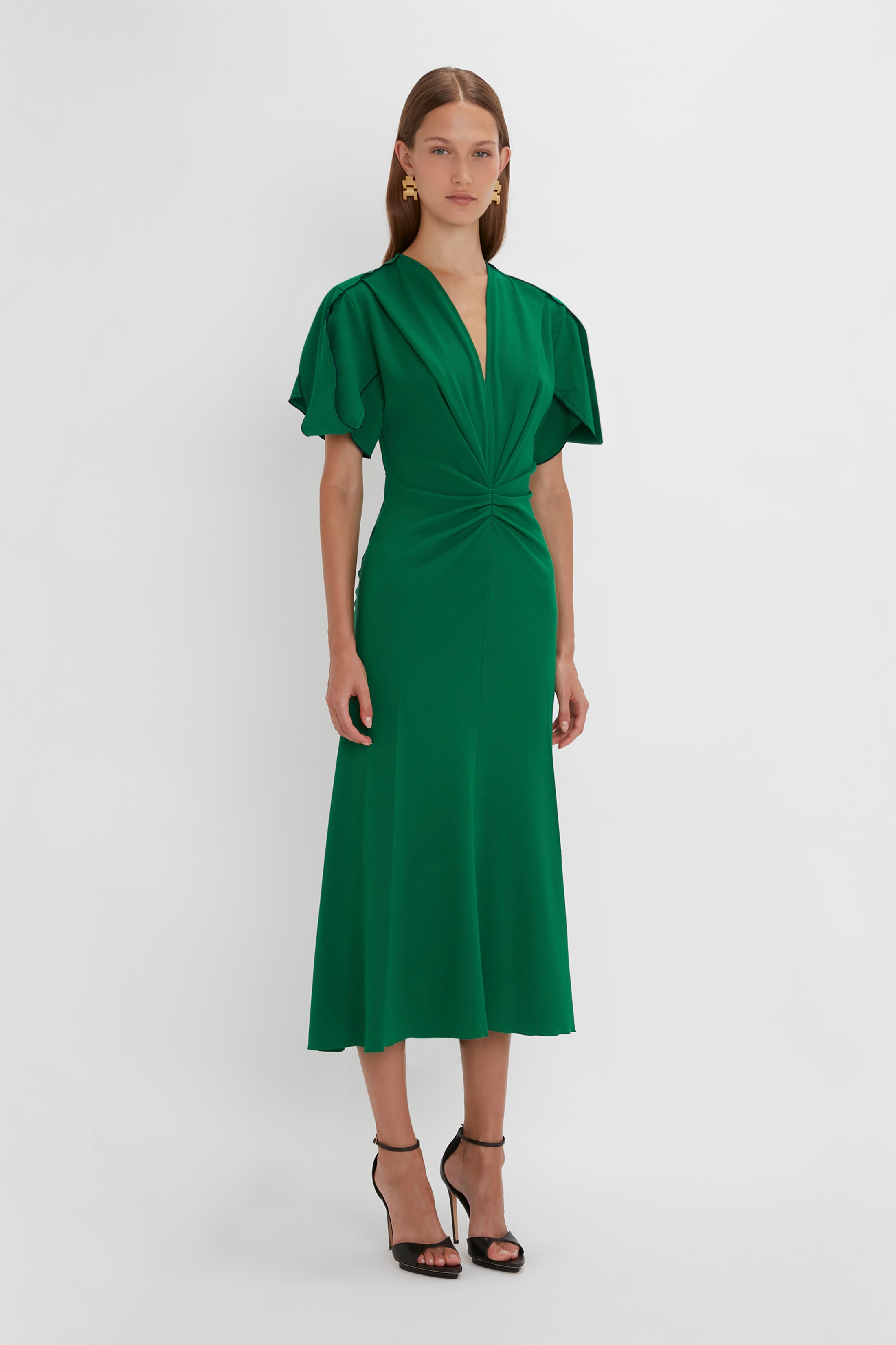 Gathered V-Neck Midi Dress in Emerald