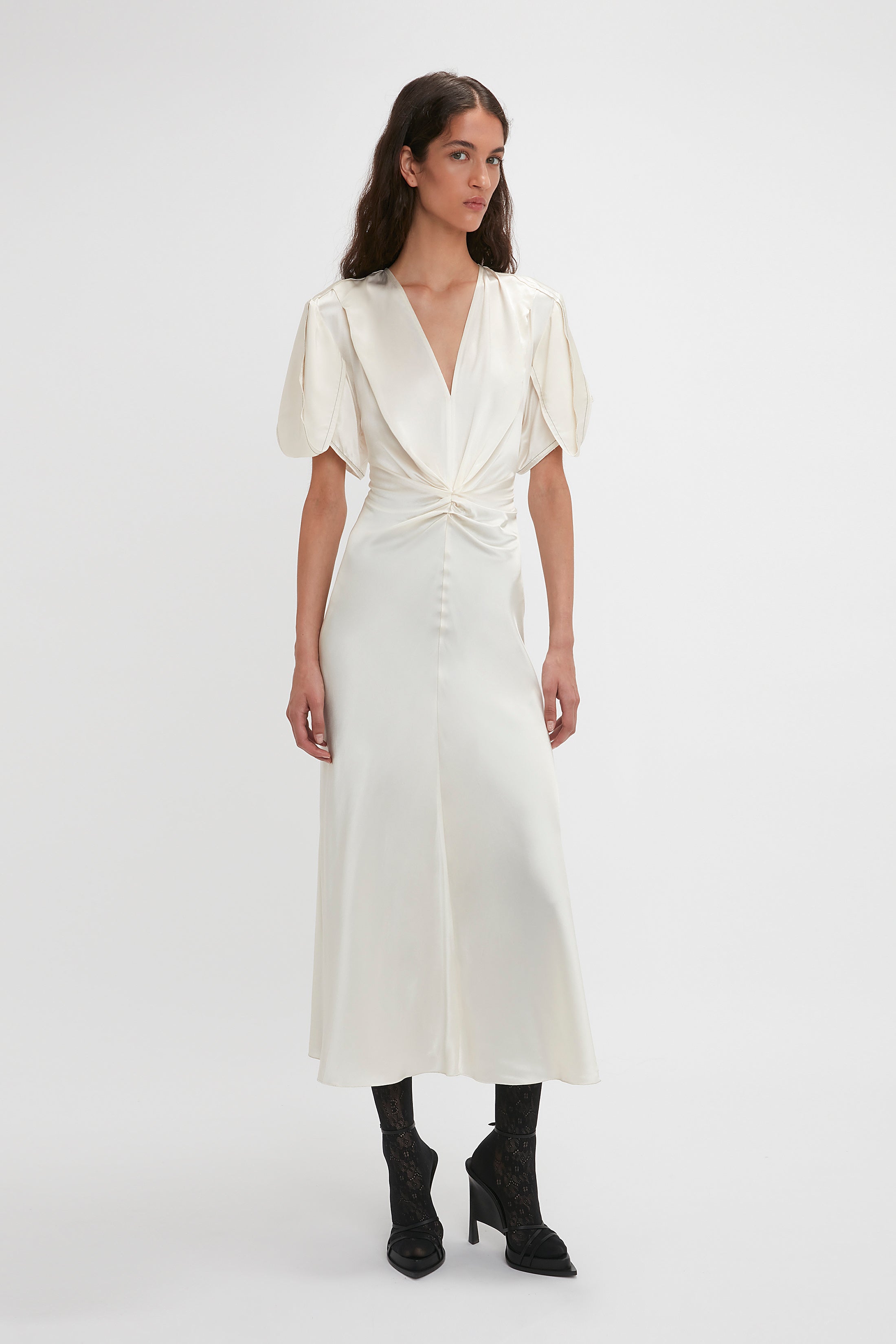 Gathered V-Neck Midi Dress In Ivory