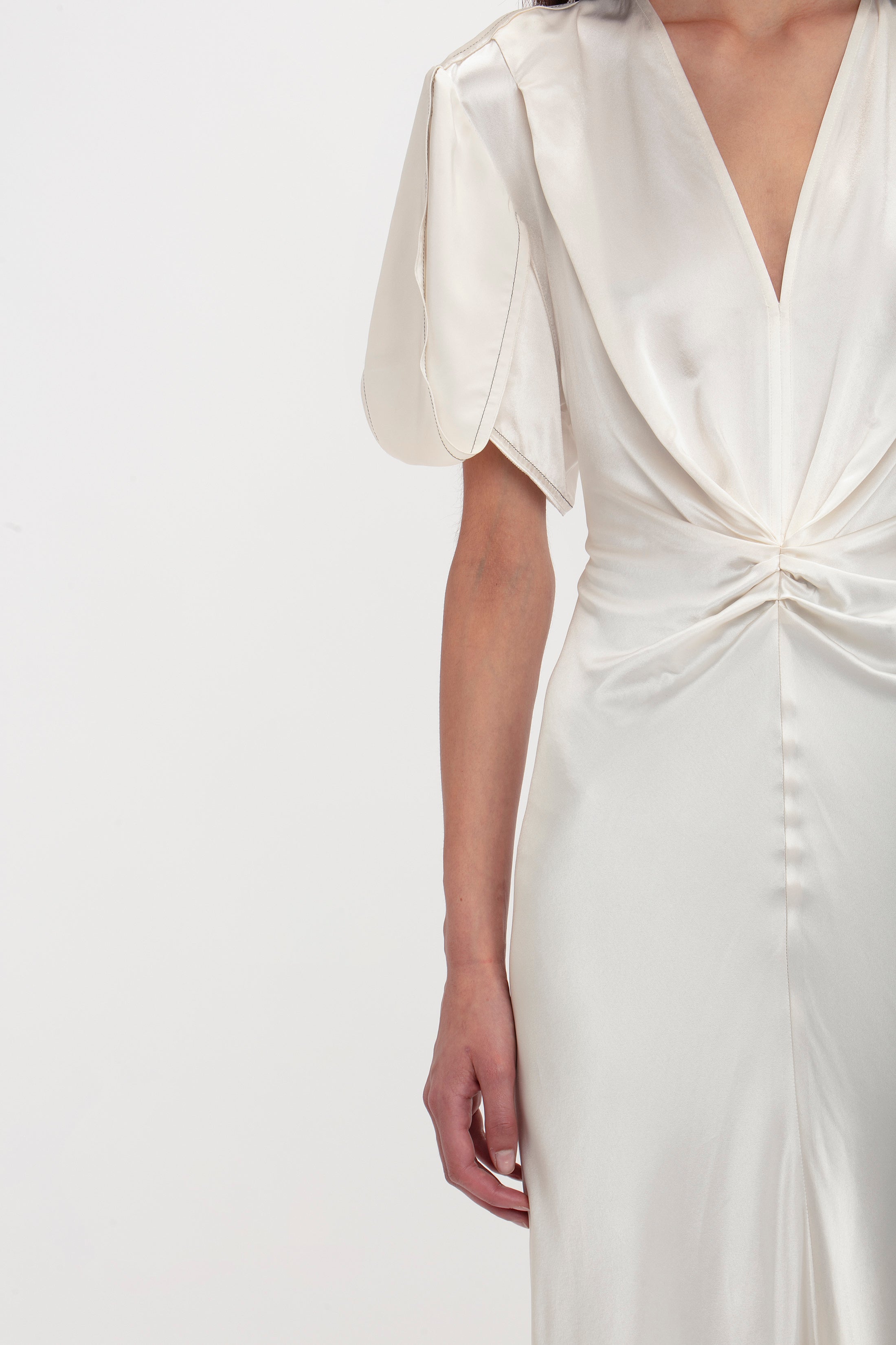 Gathered V-Neck Midi Dress In Ivory