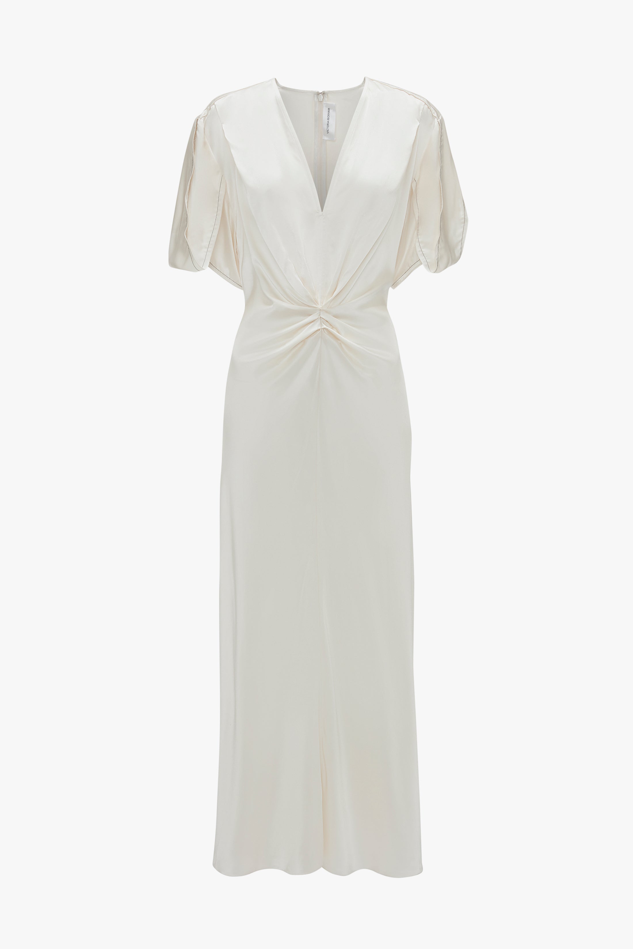 Gathered V-Neck Midi Dress In Ivory