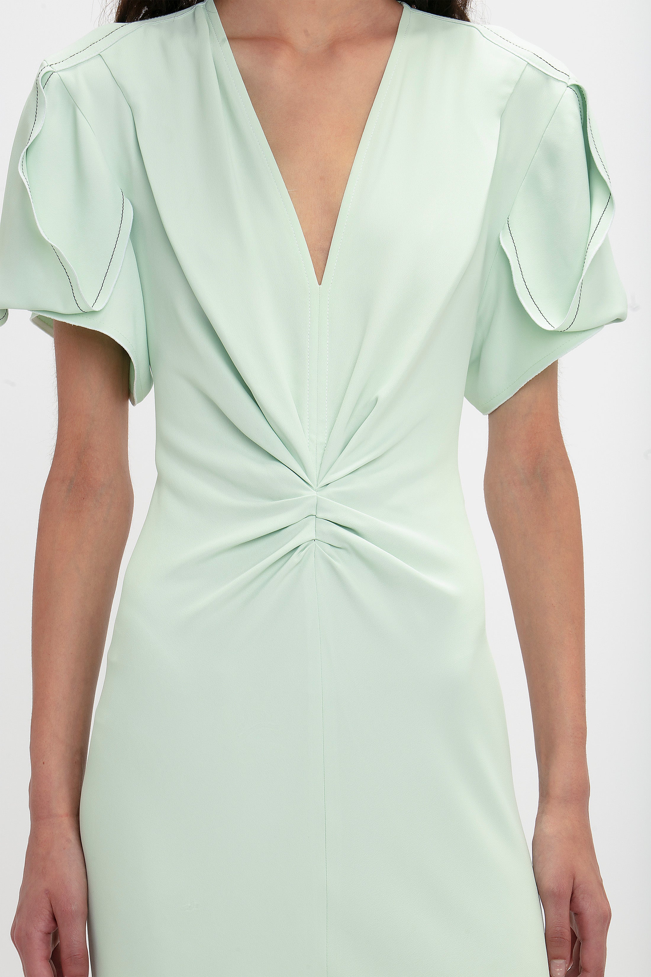 Gathered V-Neck Midi Dress In Jade