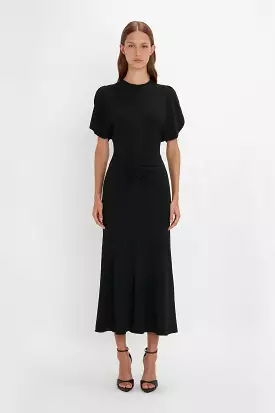 Gathered Waist Midi Dress In Black