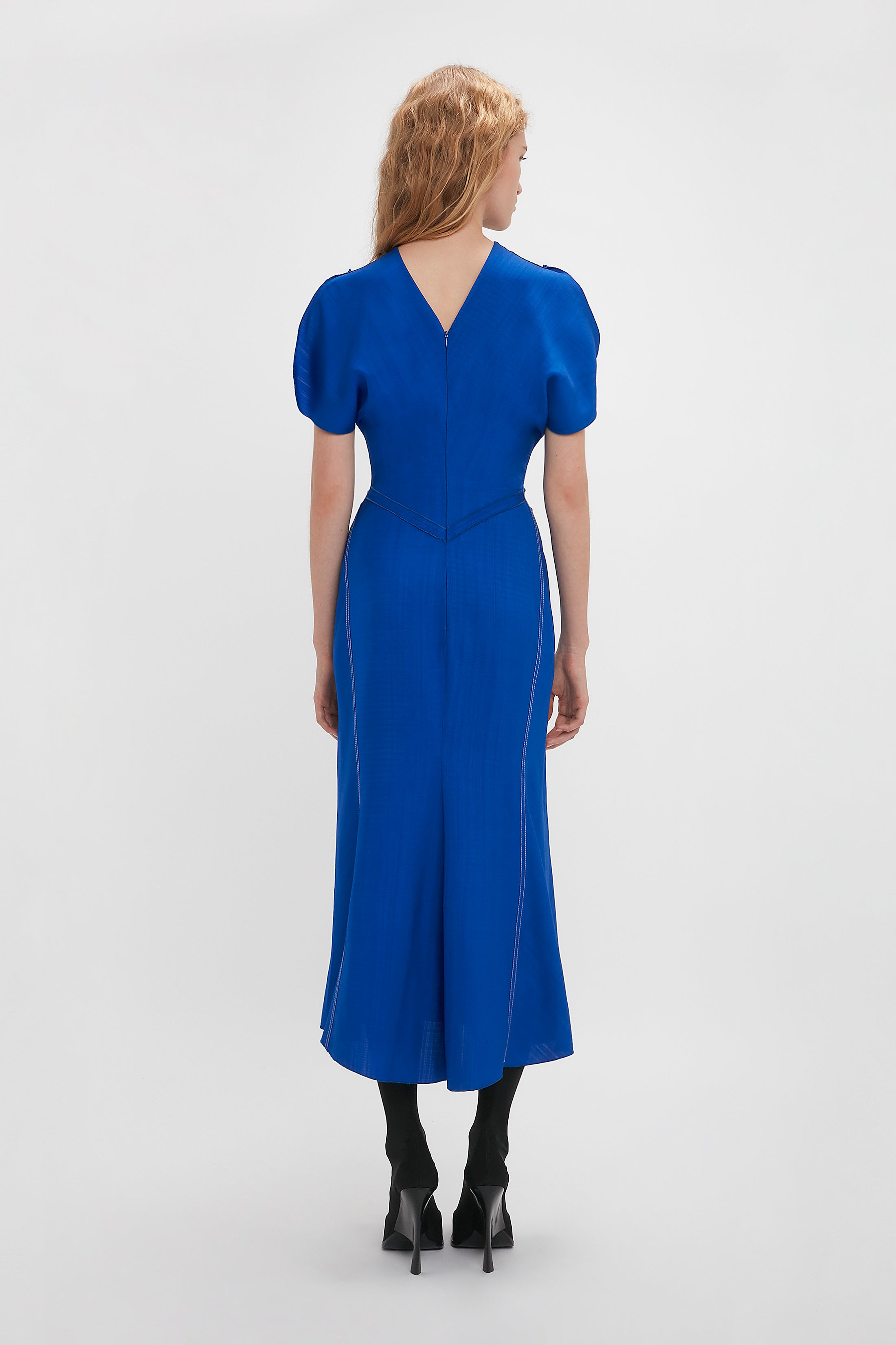 Gathered Waist Midi Dress In Palace Blue