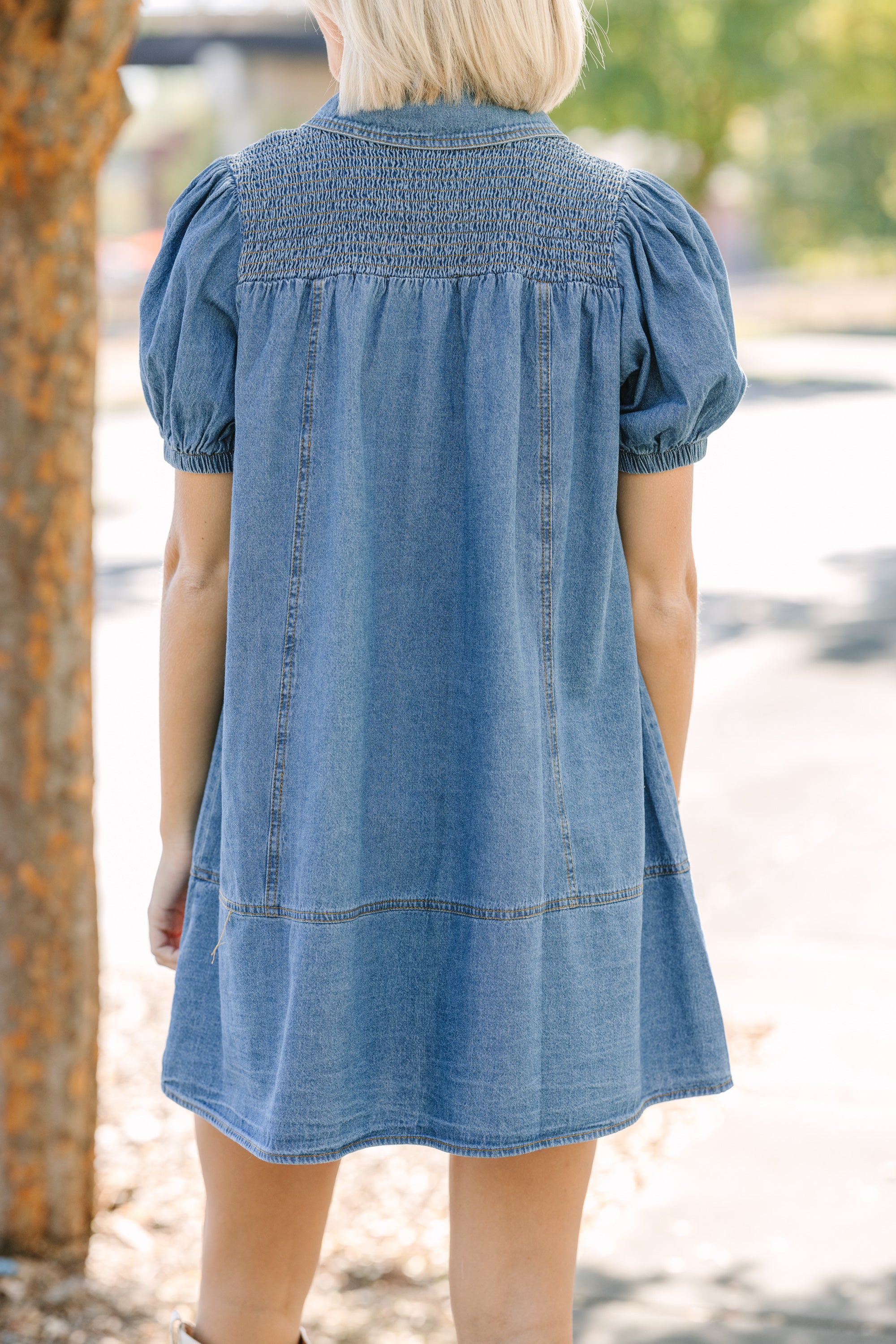 Get Together Medium Wash Denim Babydoll Dress