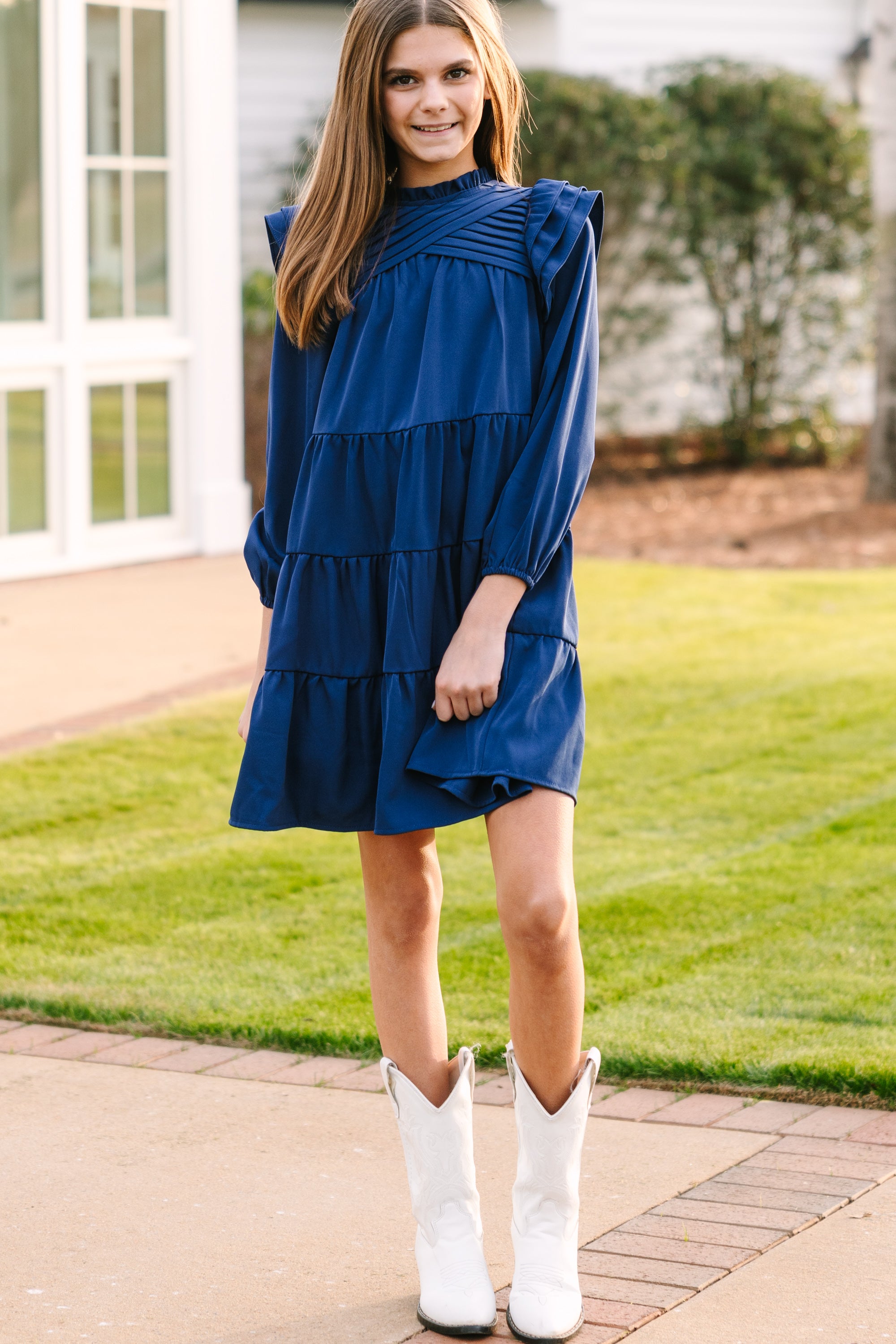 Girls: All About You Navy Blue L/S Ruffled Dress