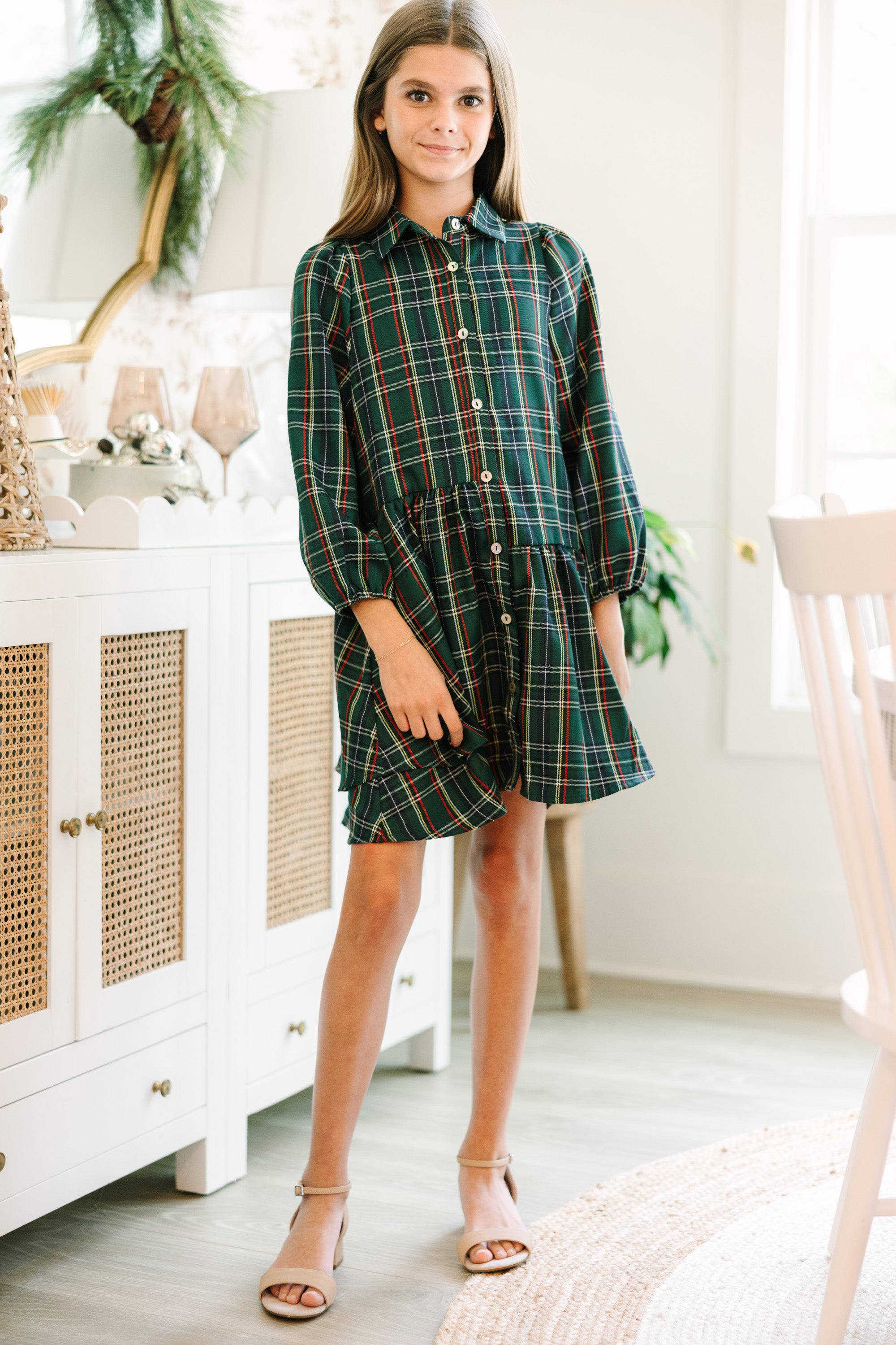 Girls: It's Your Place Green Plaid Button Down Dress